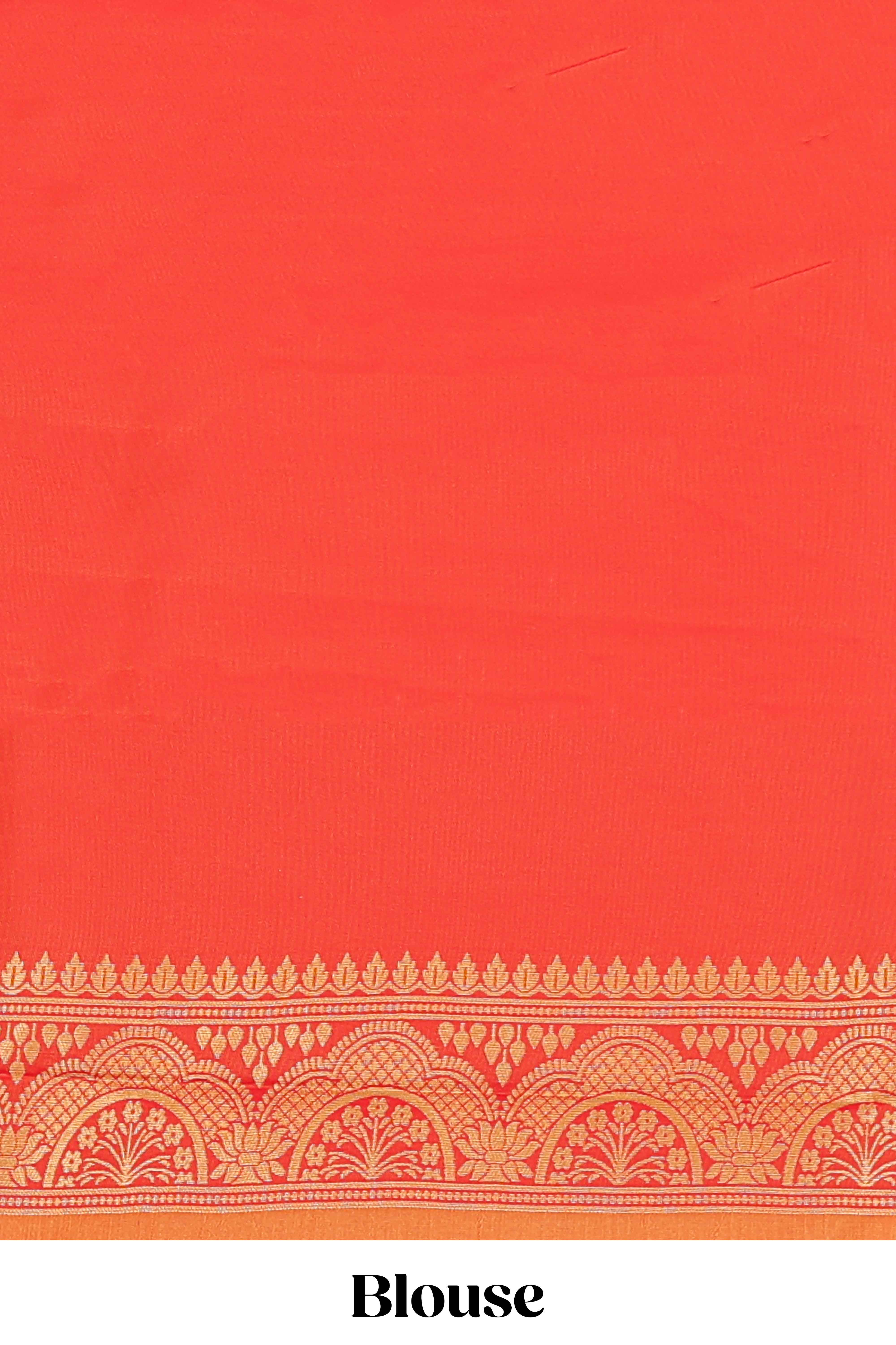 Orange striped zari motifs semi soft silk saree with contrast border and blouse