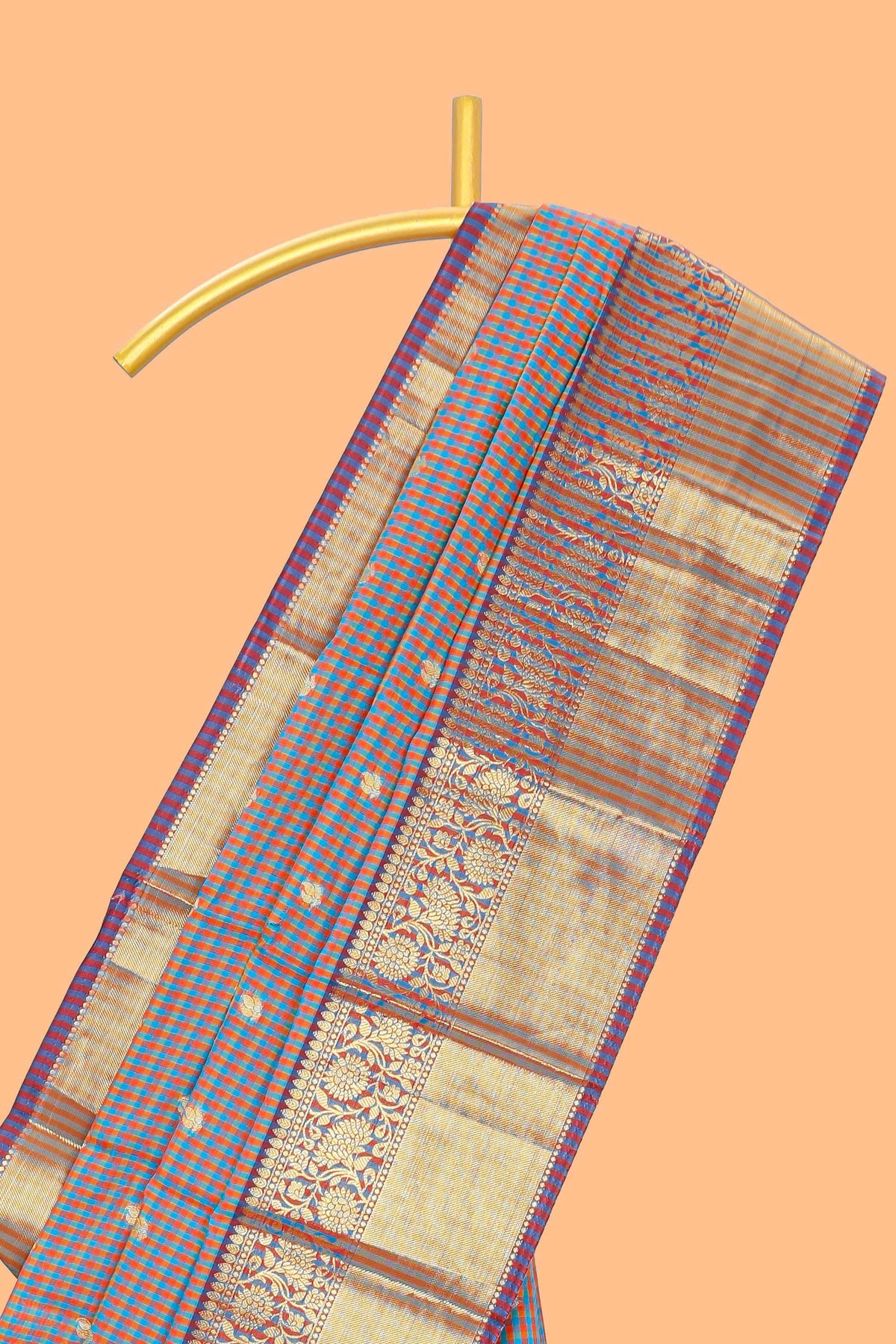 Multi color checked zari motifs semi soft silk saree with contrast border and motifs blouse