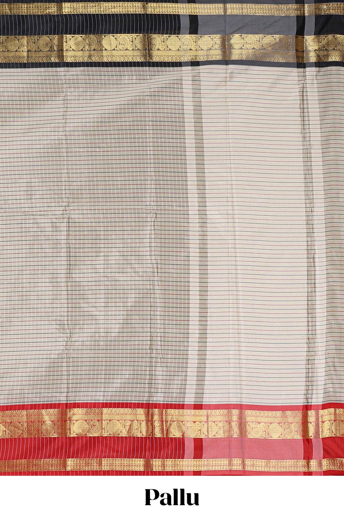 Silver checked semi soft silk saree with contrast zari border and matching striped blouse