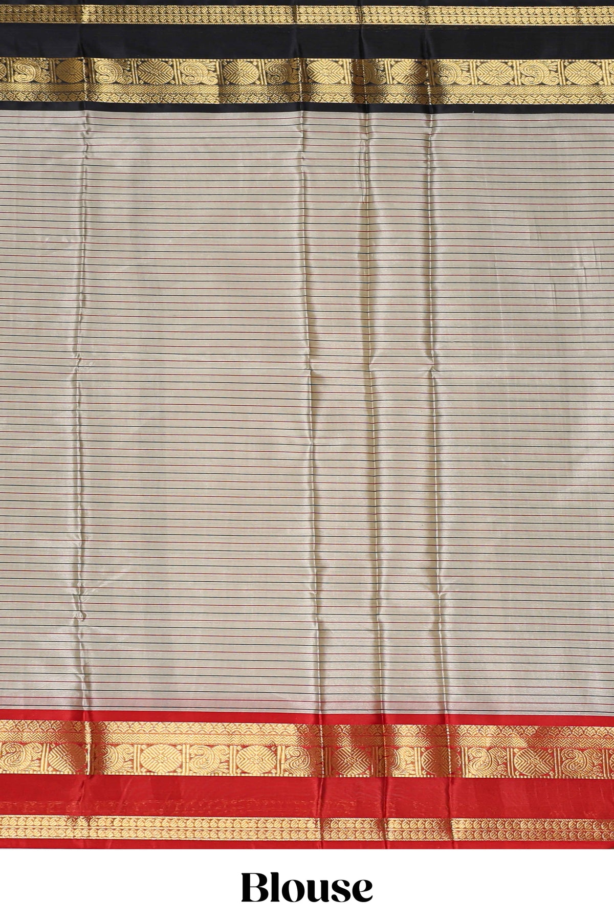 Silver checked semi soft silk saree with contrast zari border and matching striped blouse
