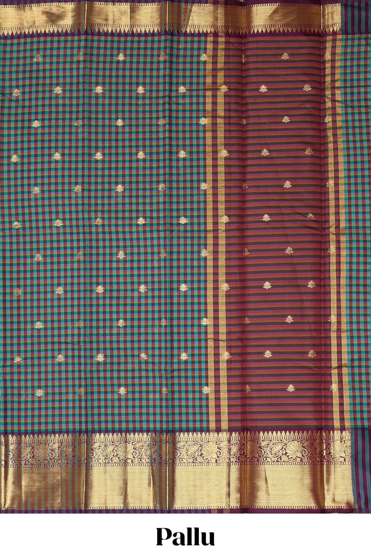 Multi color checked zari motifs semi soft silk saree with contrast zari border and motifs blouse