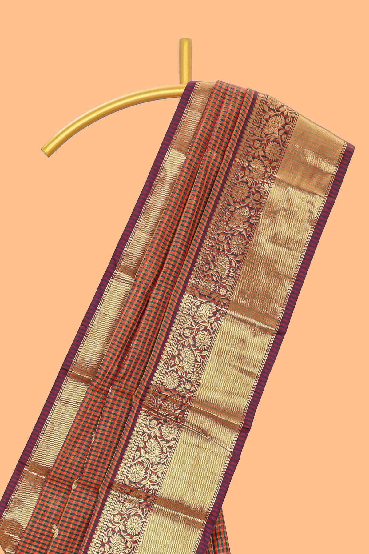 Multi color checked zari motifs semi soft silk saree with contrast zari border and motifs blouse