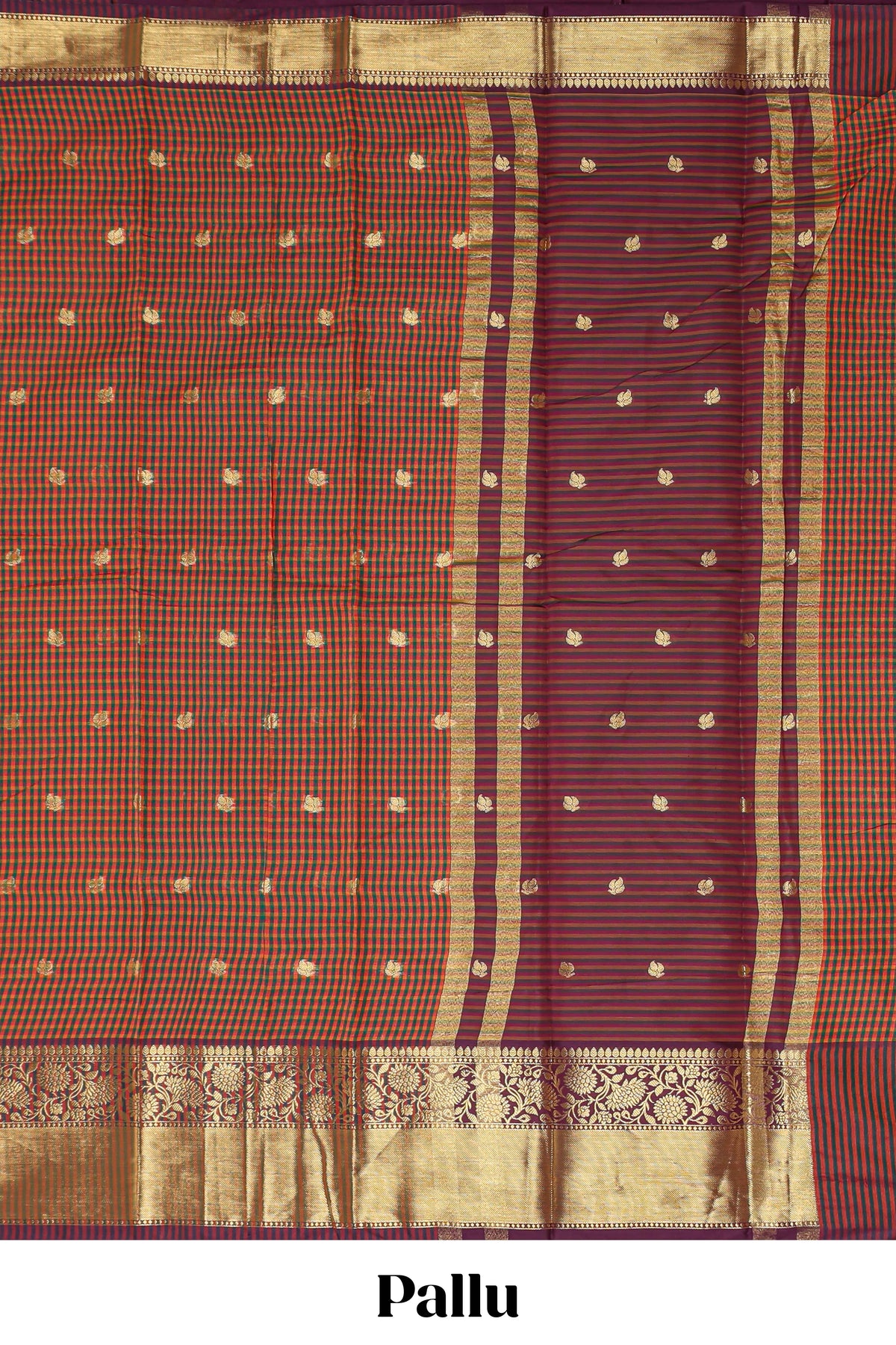 Multi color checked zari motifs semi soft silk saree with contrast zari border and motifs blouse