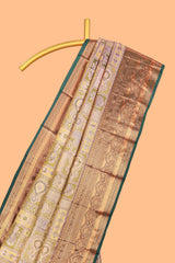 Pastel Sage Green Tissue Silk Saree with Antique Gold Zari Weaving and Dark Green Contrast Border and Contrast Blouse