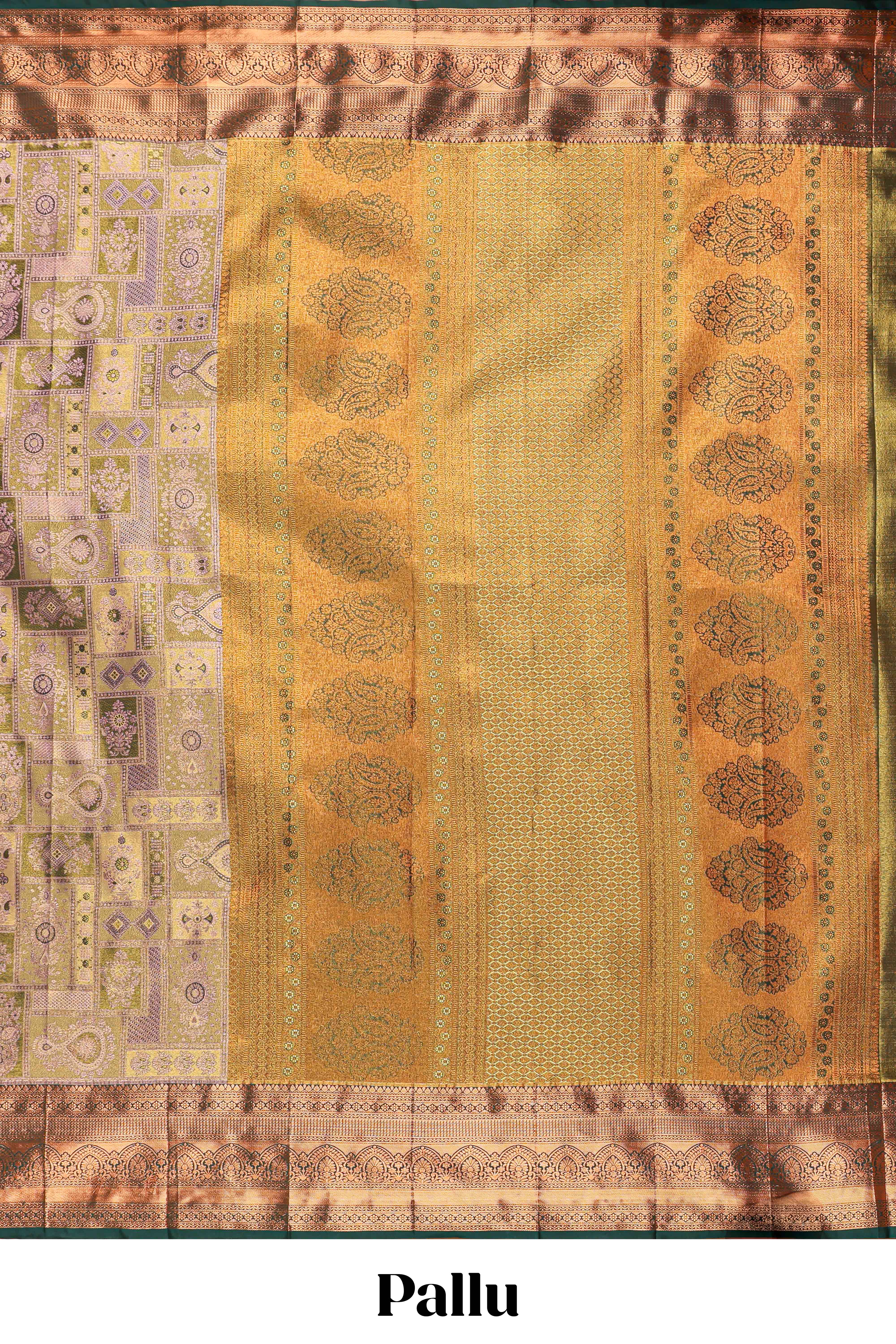 Pastel Sage Green Tissue Silk Saree with Antique Gold Zari Weaving and Dark Green Contrast Border and Contrast Blouse
