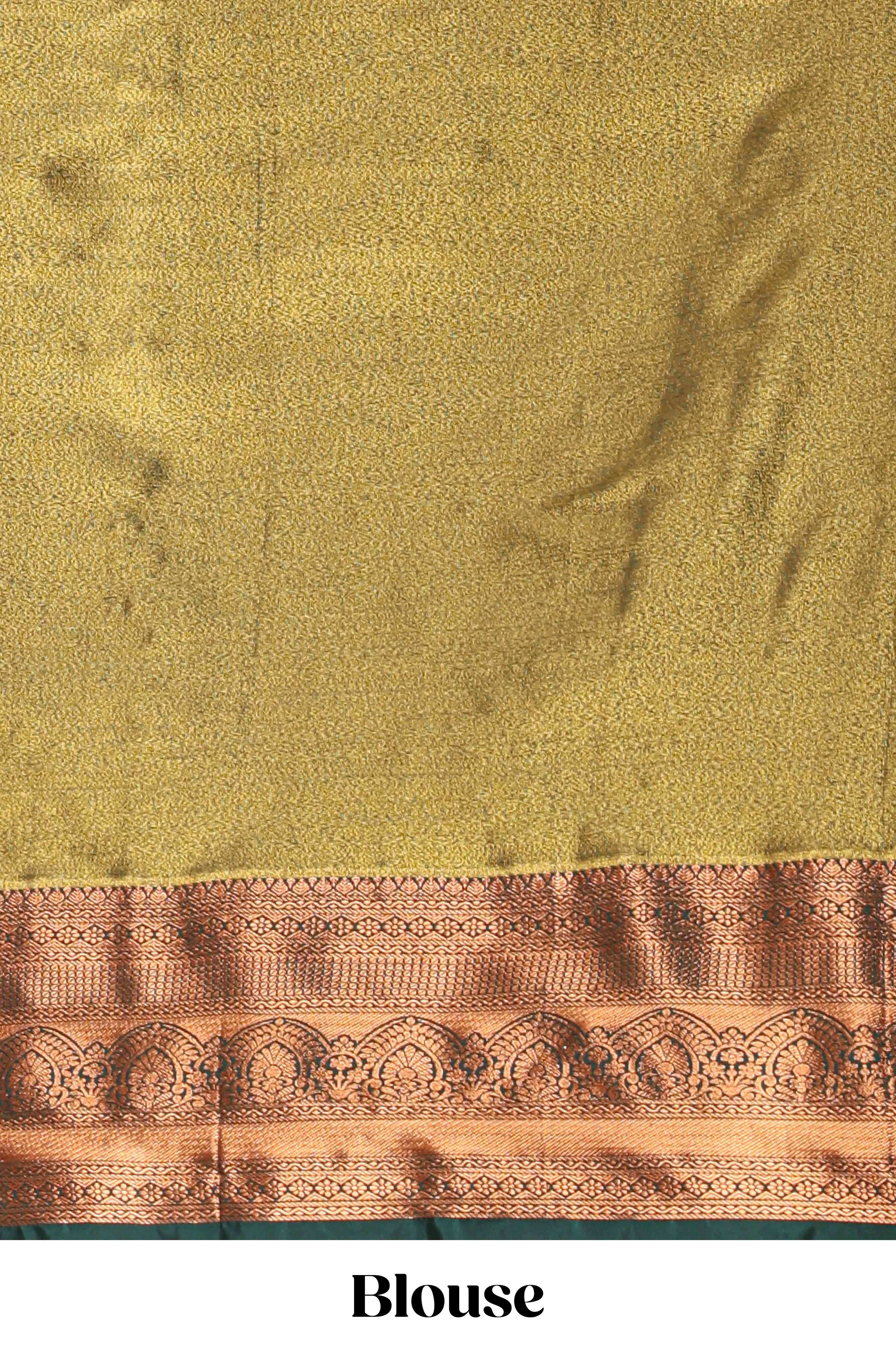 Pastel Sage Green Tissue Silk Saree with Antique Gold Zari Weaving and Dark Green Contrast Border and Contrast Blouse