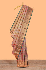 Pastel Sage Pink Tissue Silk Saree with Antique Gold Zari Weaving and Dark Green Contrast Border and Contrast Blouse