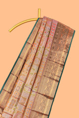 Pastel Sage Pink Tissue Silk Saree with Antique Gold Zari Weaving and Dark Green Contrast Border and Contrast Blouse
