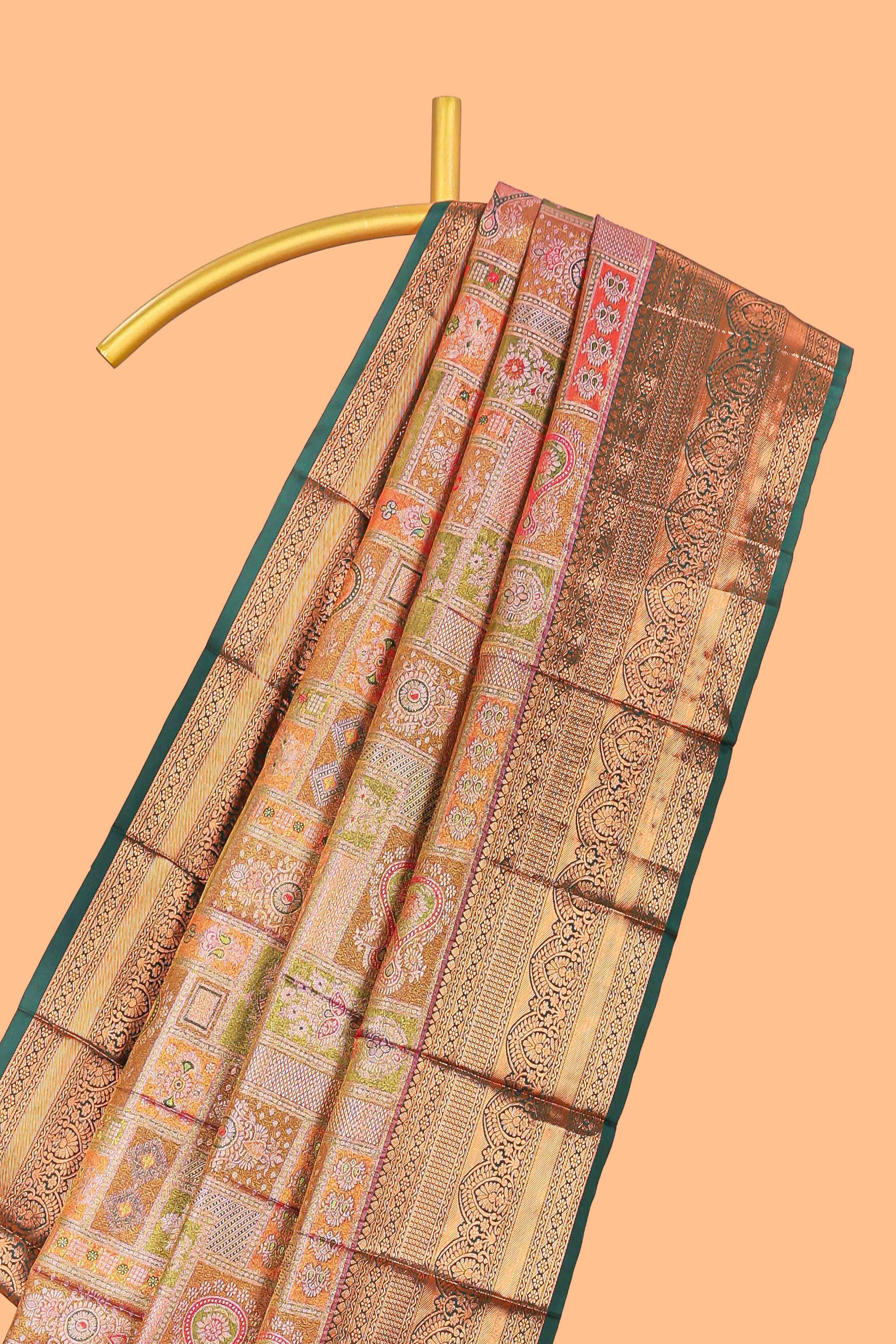 Pastel Sage Pink Tissue Silk Saree with Antique Gold Zari Weaving and Dark Green Contrast Border and Contrast Blouse