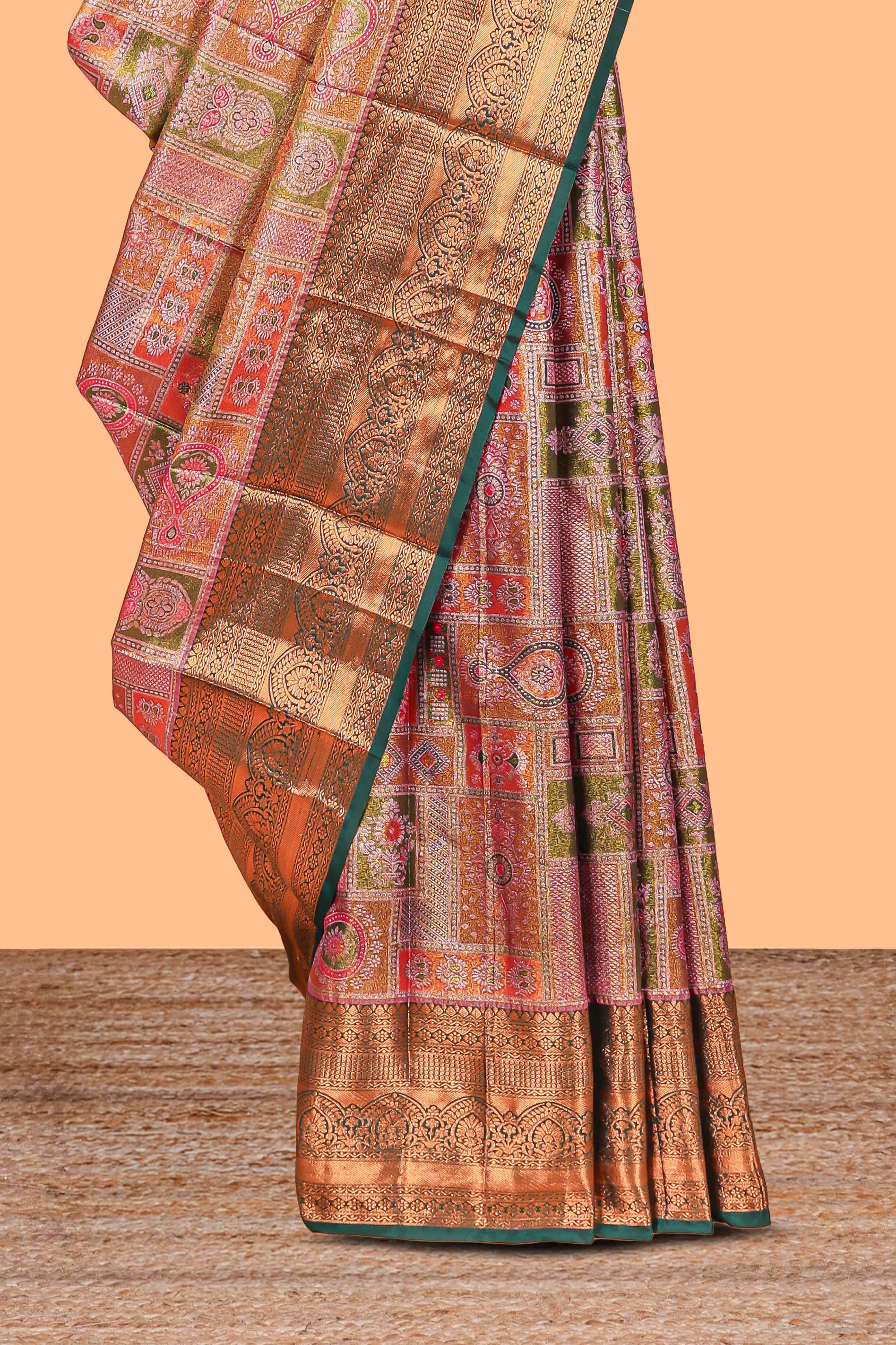 Pastel Sage Pink Tissue Silk Saree with Antique Gold Zari Weaving and Dark Green Contrast Border and Contrast Blouse
