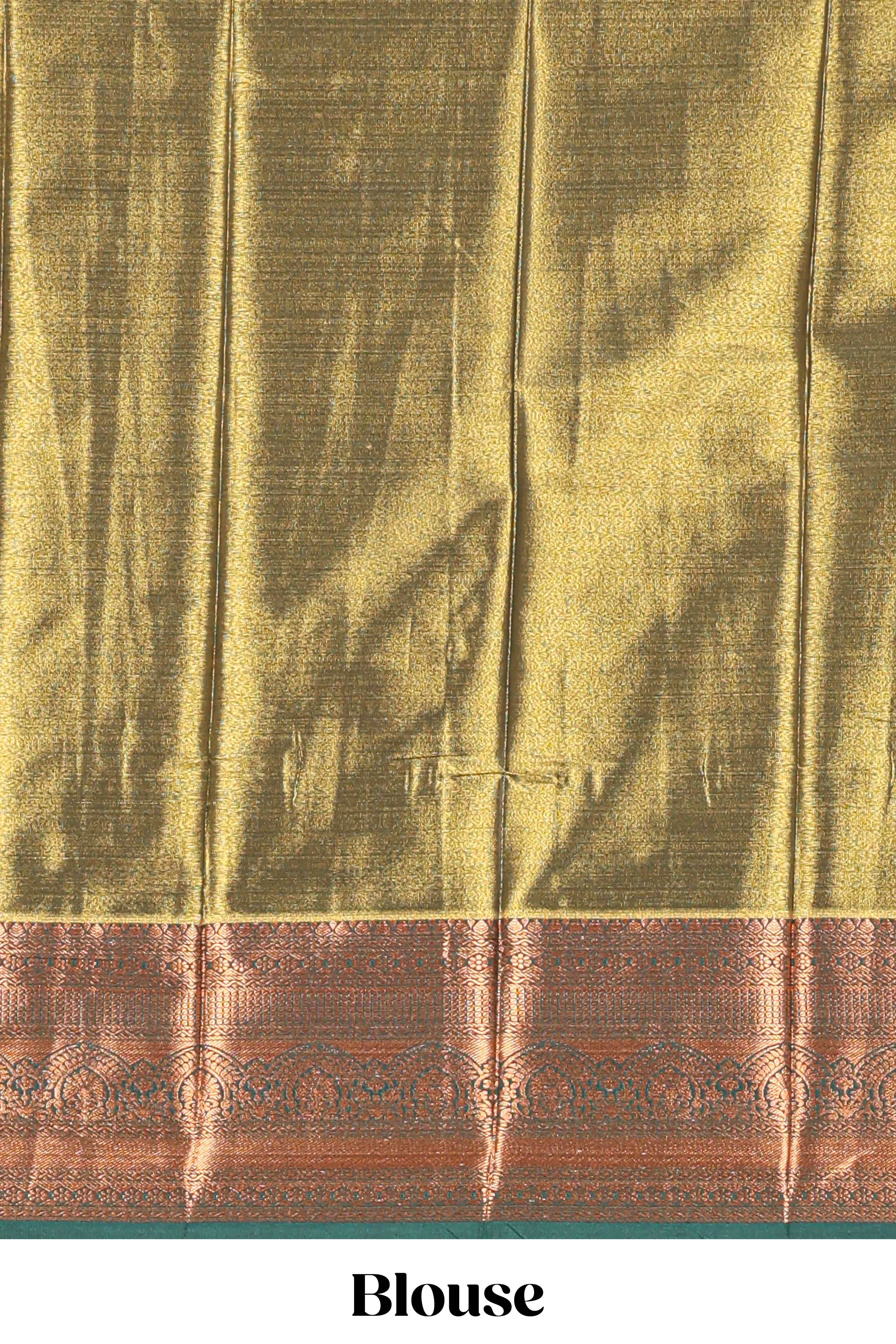 Pastel Sage Pink Tissue Silk Saree with Antique Gold Zari Weaving and Dark Green Contrast Border and Contrast Blouse