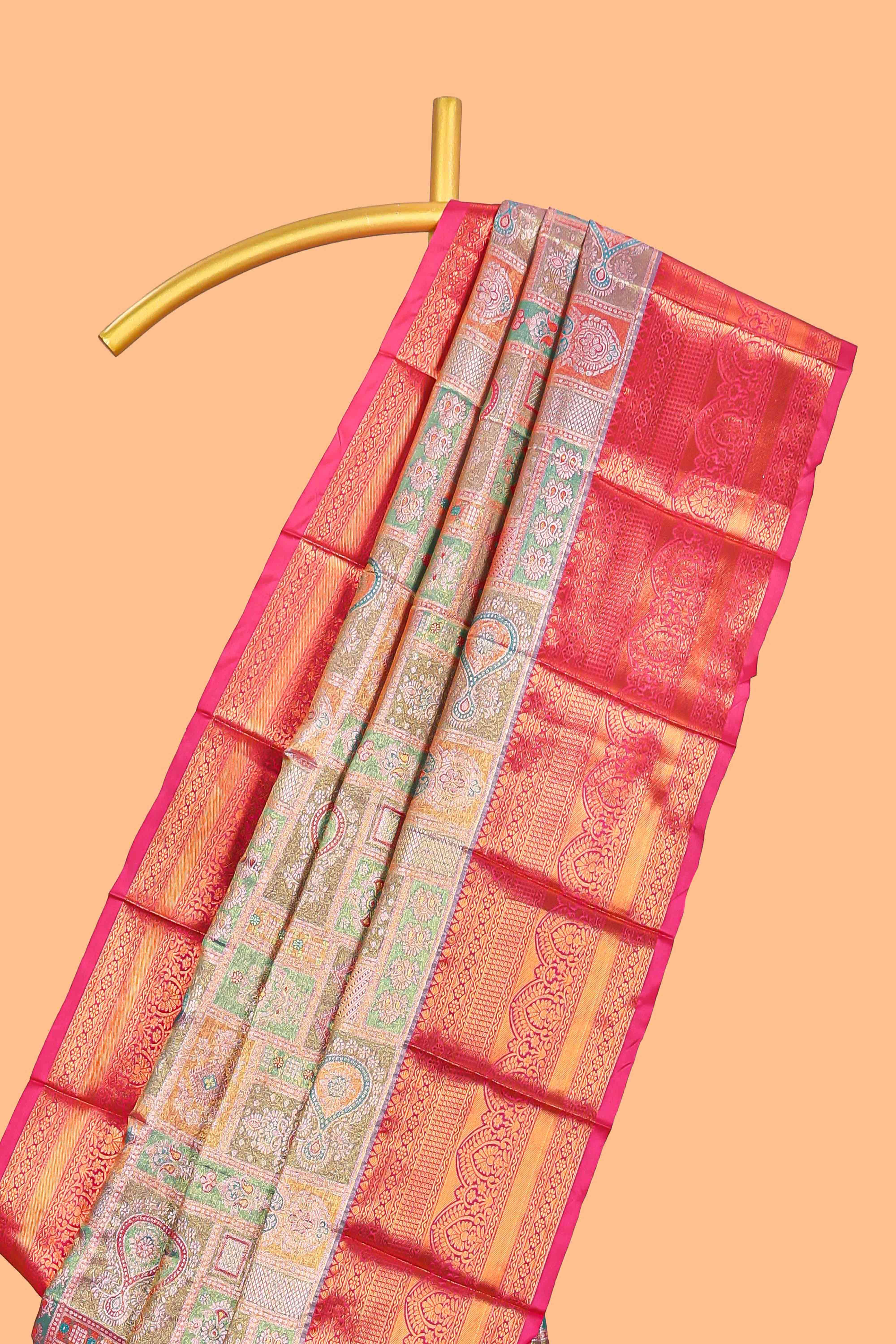Pastel Colour Tissue Silk Saree with Antique Gold Zari Weaving and Contrast Border and Contrast Blouse