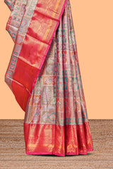 Pastel Colour Tissue Silk Saree with Antique Gold Zari Weaving and Contrast Border and Contrast Blouse