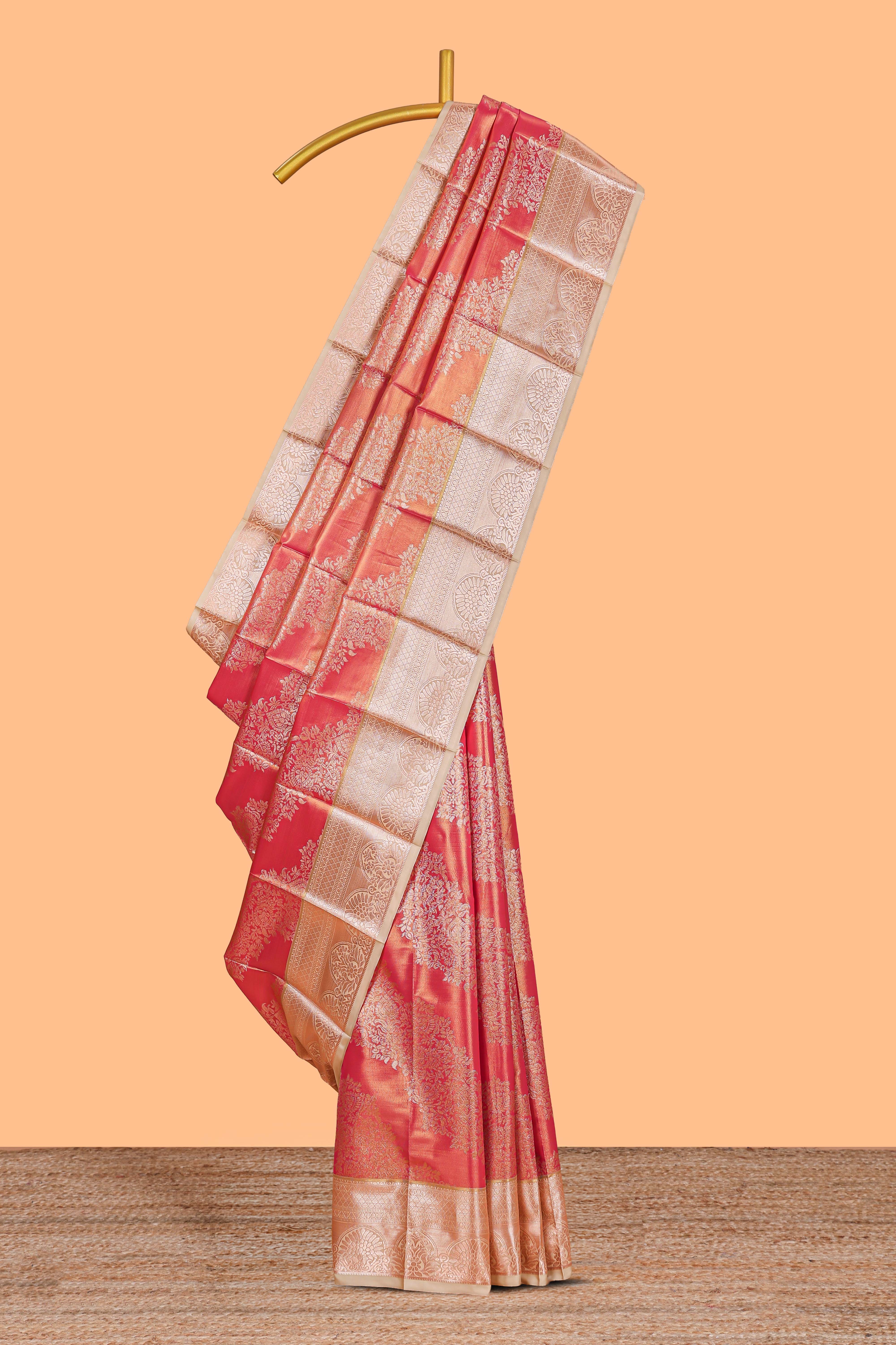 Orange Colour Tissue Silk Saree with Rich Gold Zari Weaving andContrast Border and Contrast Blouse
