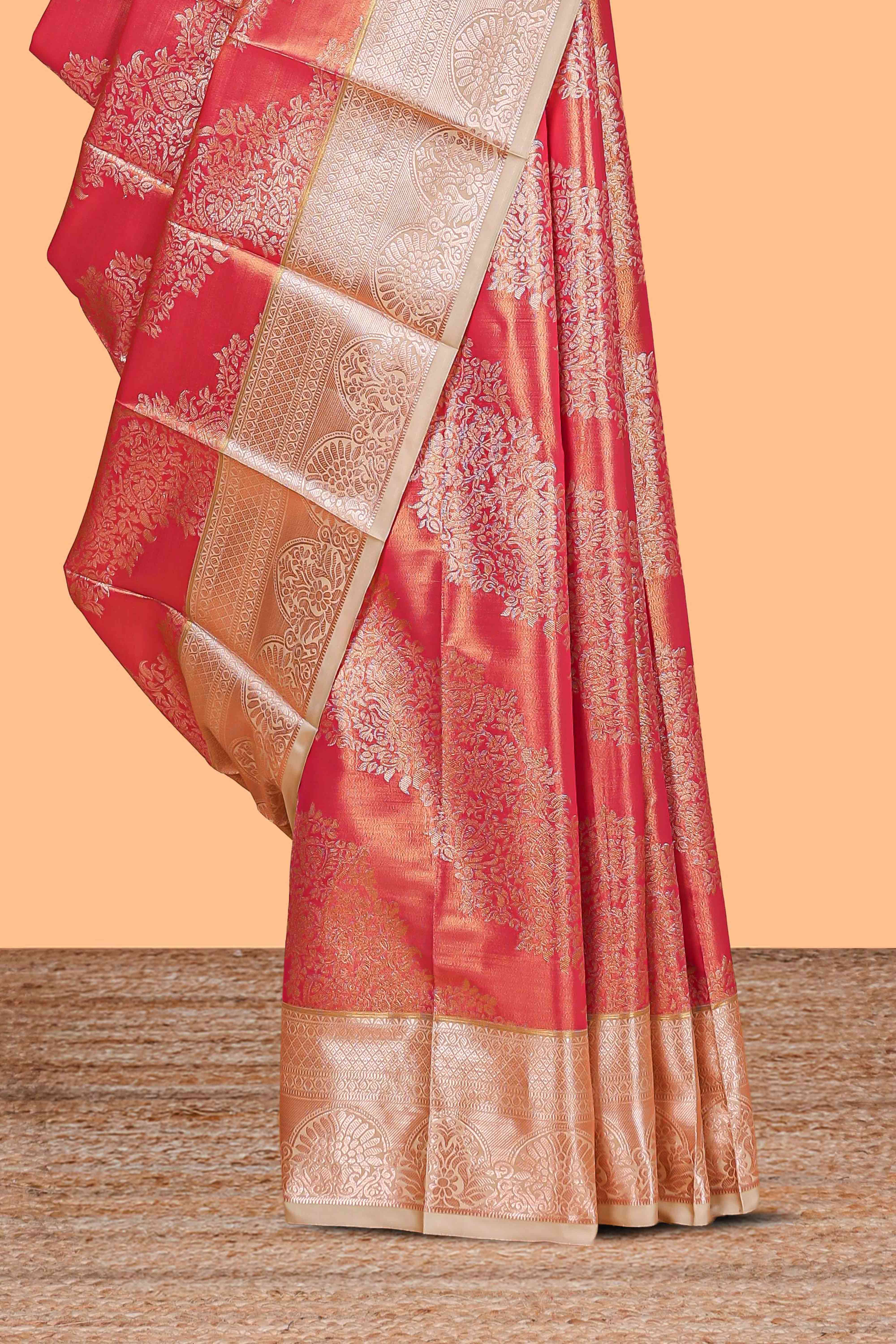 Orange Colour Tissue Silk Saree with Rich Gold Zari Weaving andContrast Border and Contrast Blouse