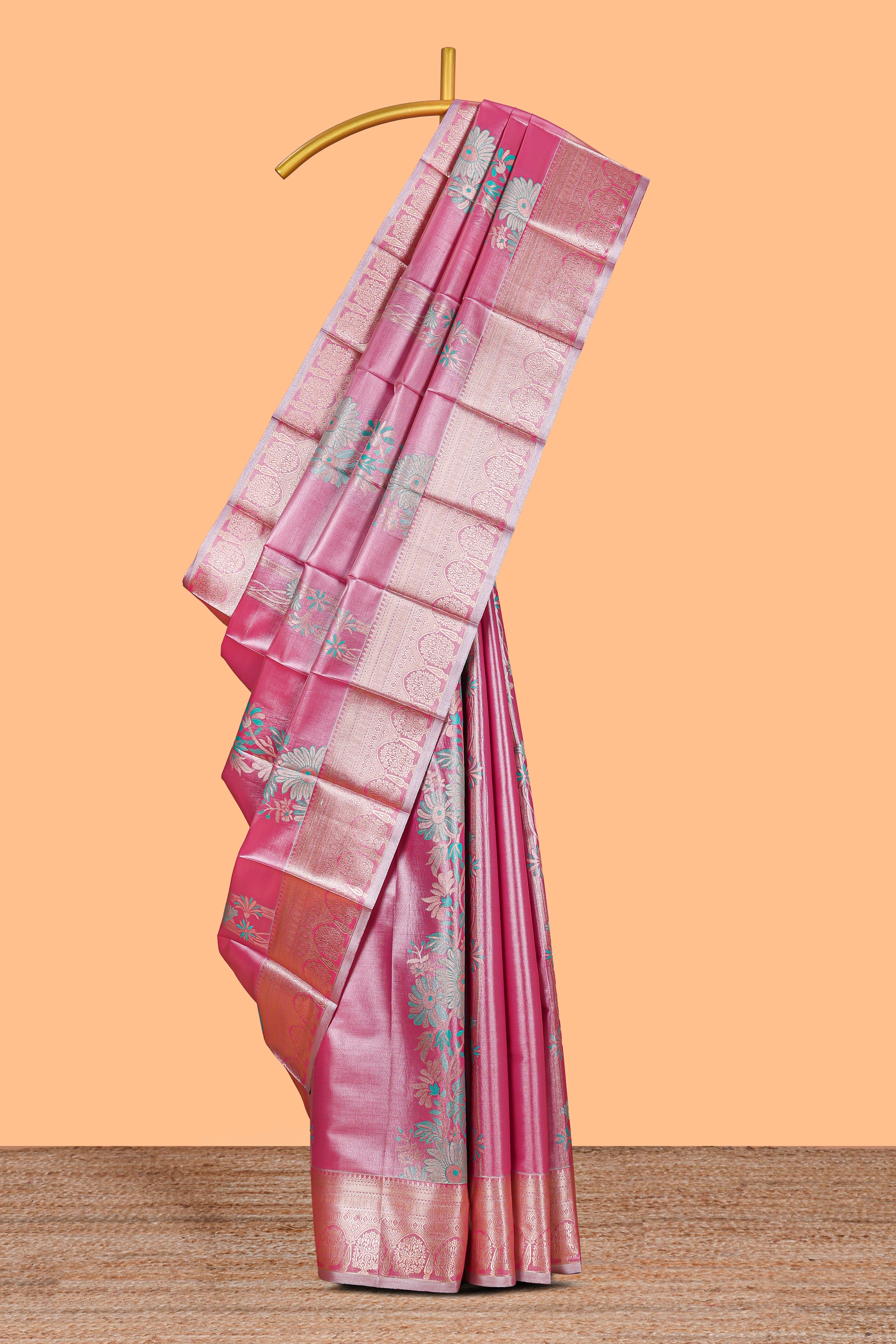 Pink Colour Tissue Silk Saree with Rich Gold Zari Floral Weaving andContrast Border and Matching Blouse