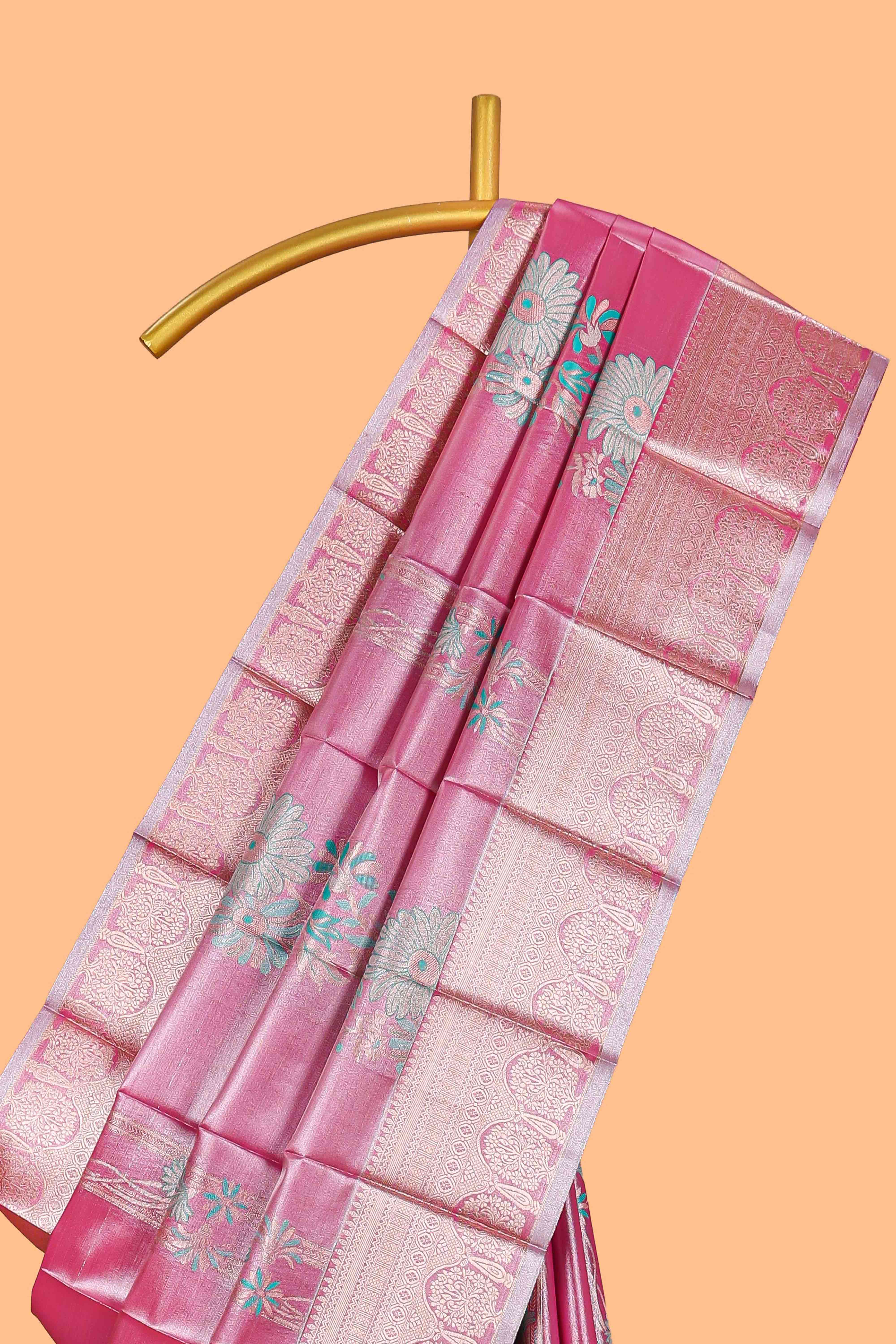 Pink Colour Tissue Silk Saree with Rich Gold Zari Floral Weaving andContrast Border and Matching Blouse