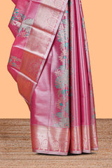 Pink Colour Tissue Silk Saree with Rich Gold Zari Floral Weaving andContrast Border and Matching Blouse