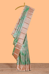 Green Colour Tissue Silk Saree with Rich silver Zari Floral Weaving andContrast Border and Contrast Blouse