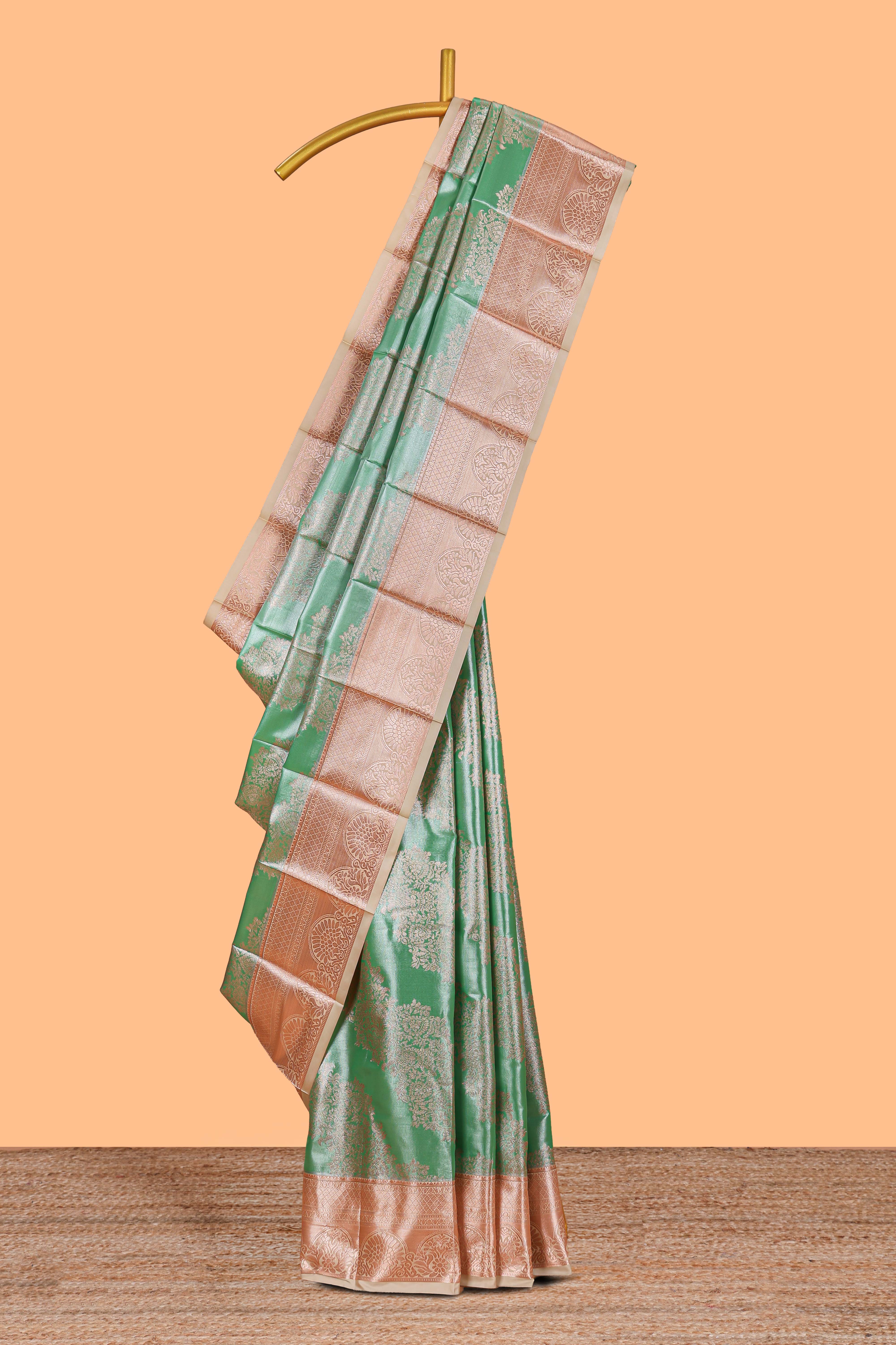 Green Colour Tissue Silk Saree with Rich silver Zari Floral Weaving andContrast Border and Contrast Blouse