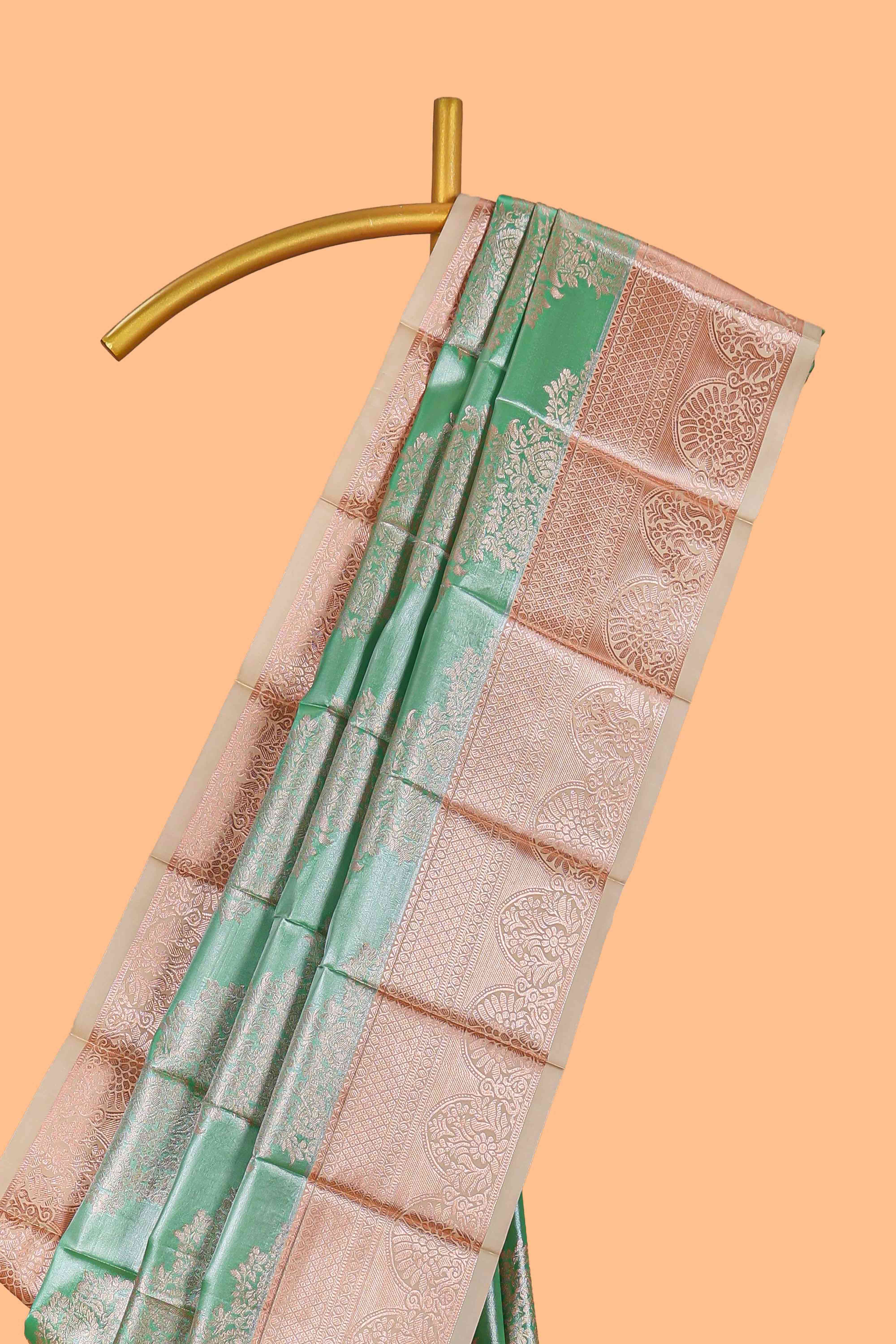 Green Colour Tissue Silk Saree with Rich silver Zari Floral Weaving andContrast Border and Contrast Blouse