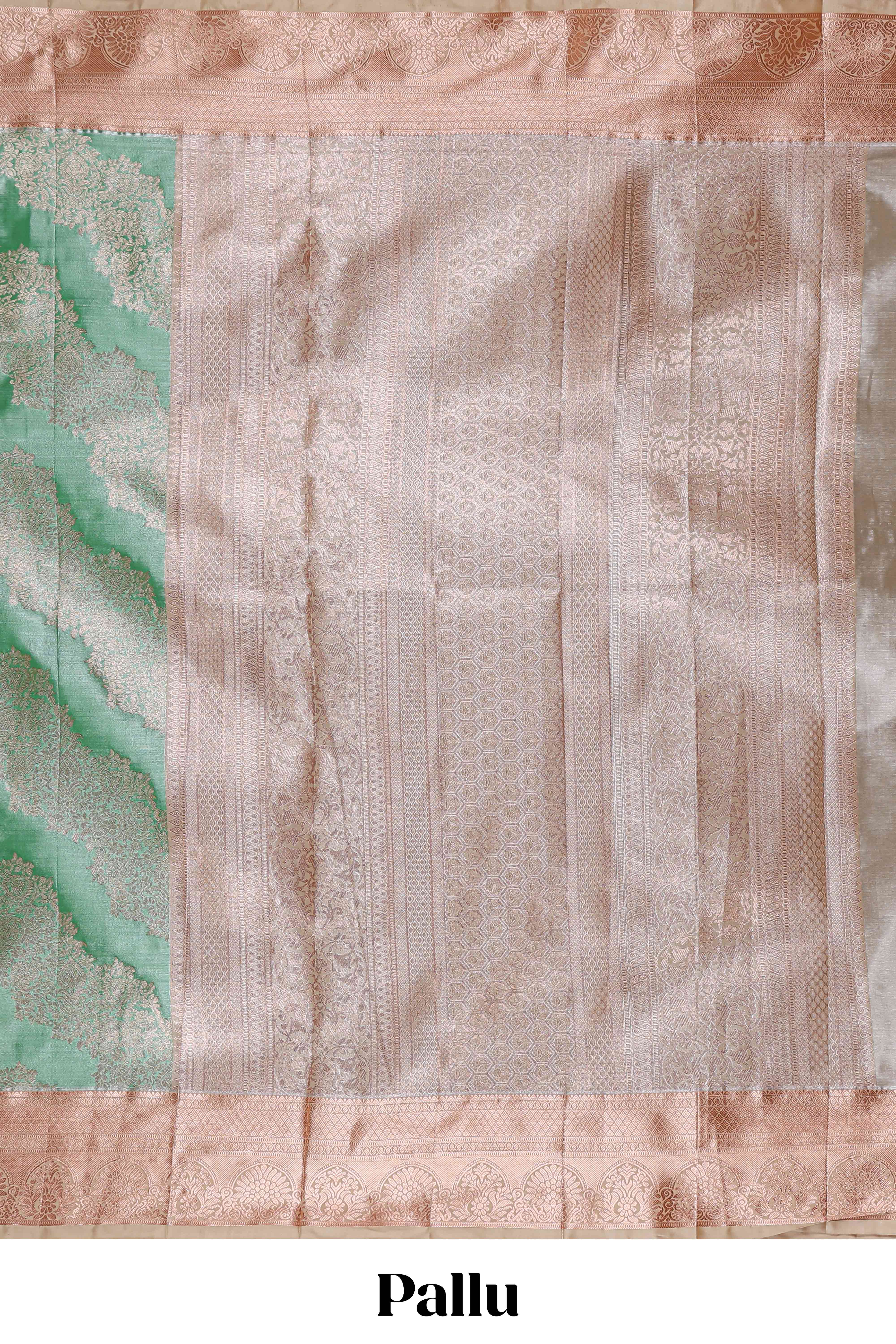 Green Colour Tissue Silk Saree with Rich silver Zari Floral Weaving andContrast Border and Contrast Blouse