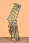 Green Tissue Silk Saree with Antique Gold Zari Weaving and Dark Green Contrast Border and Matching Blouse