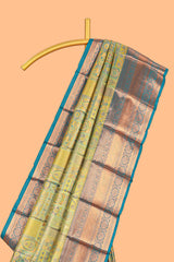 Green Tissue Silk Saree with Antique Gold Zari Weaving and Dark Green Contrast Border and Matching Blouse