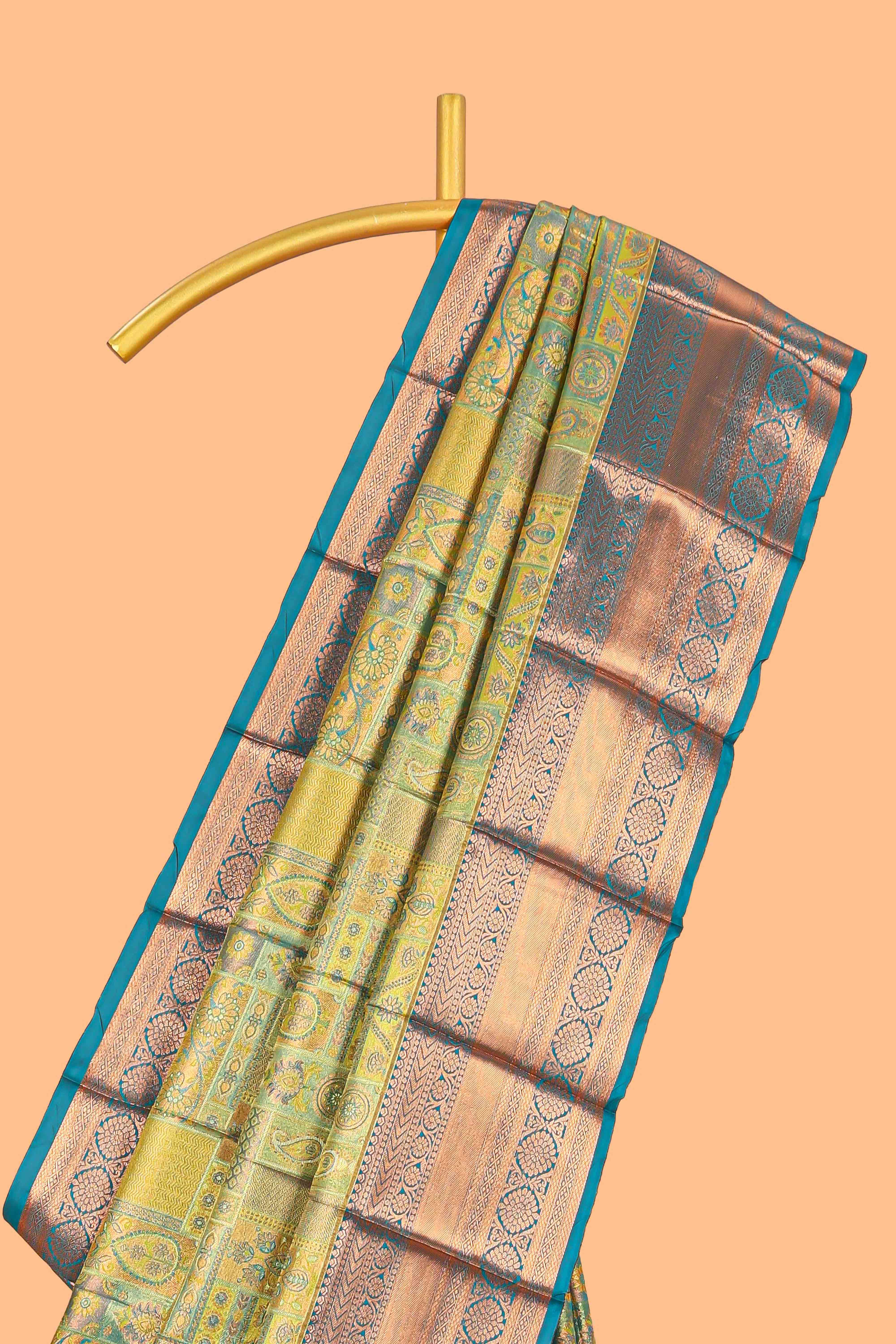 Green Tissue Silk Saree with Antique Gold Zari Weaving and Dark Green Contrast Border and Matching Blouse