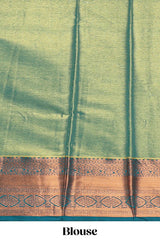 Green Tissue Silk Saree with Antique Gold Zari Weaving and Dark Green Contrast Border and Matching Blouse