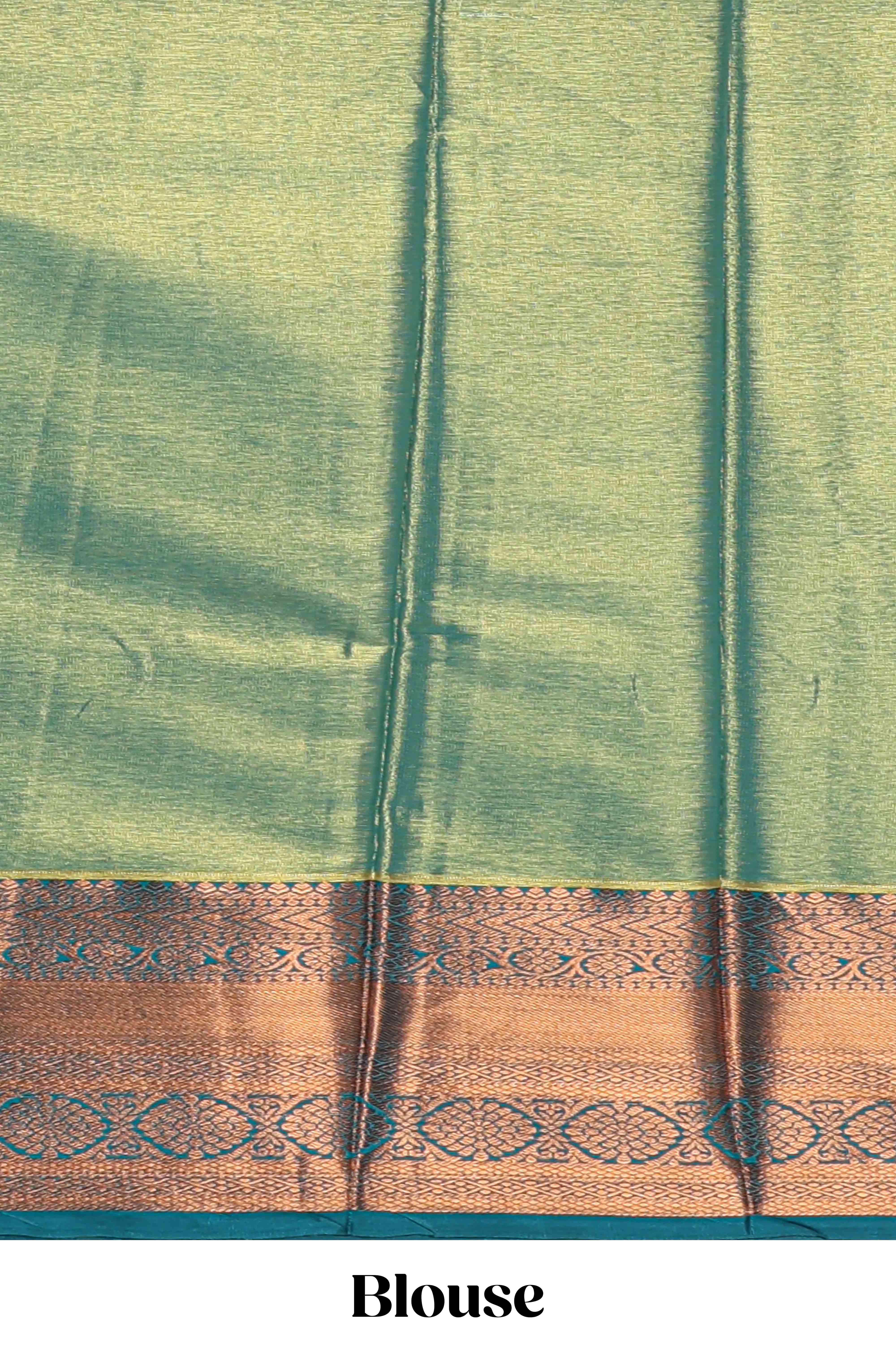 Green Tissue Silk Saree with Antique Gold Zari Weaving and Dark Green Contrast Border and Matching Blouse