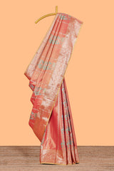 Coral Peach Pink Tissue Silk Saree with Silver Zari Weaving and PastelFloral Accents along with Matching Blouse