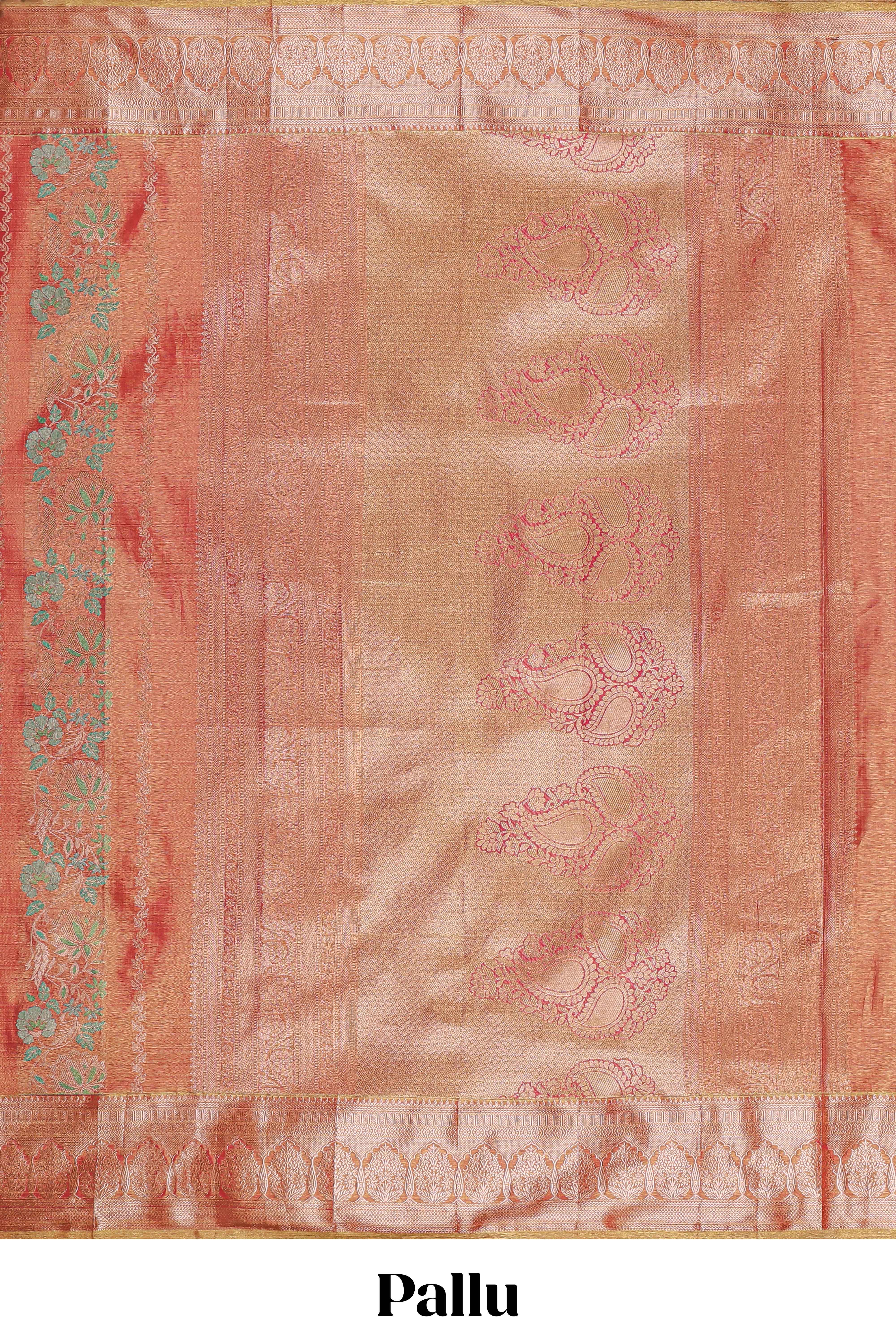 Coral Peach Pink Tissue Silk Saree with Silver Zari Weaving and PastelFloral Accents along with Matching Blouse