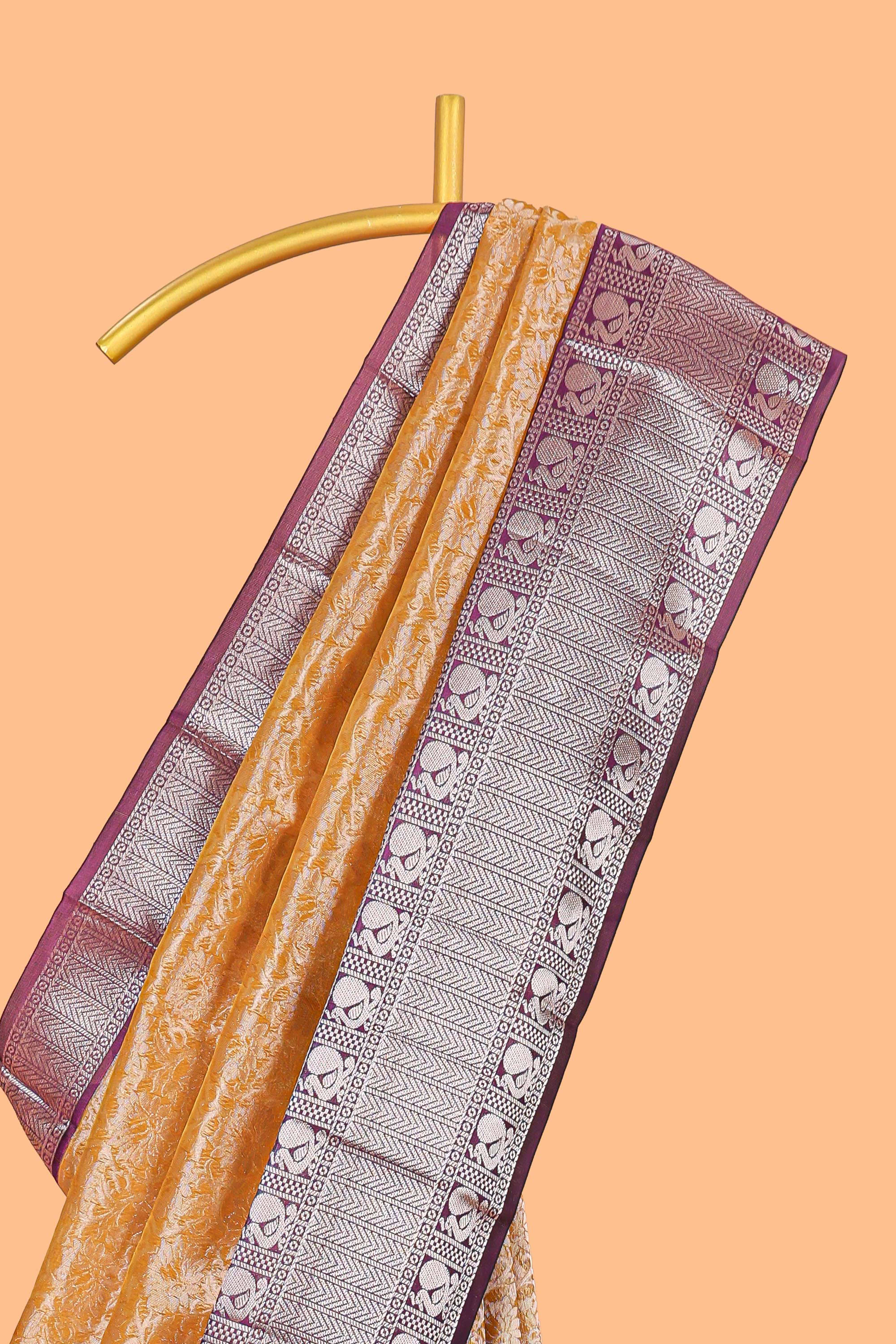 Mustard Gold Tissue Silk Saree with Antique Gold Zari Weaving and Contrast Wine Purple Border along with Contrast Blouse