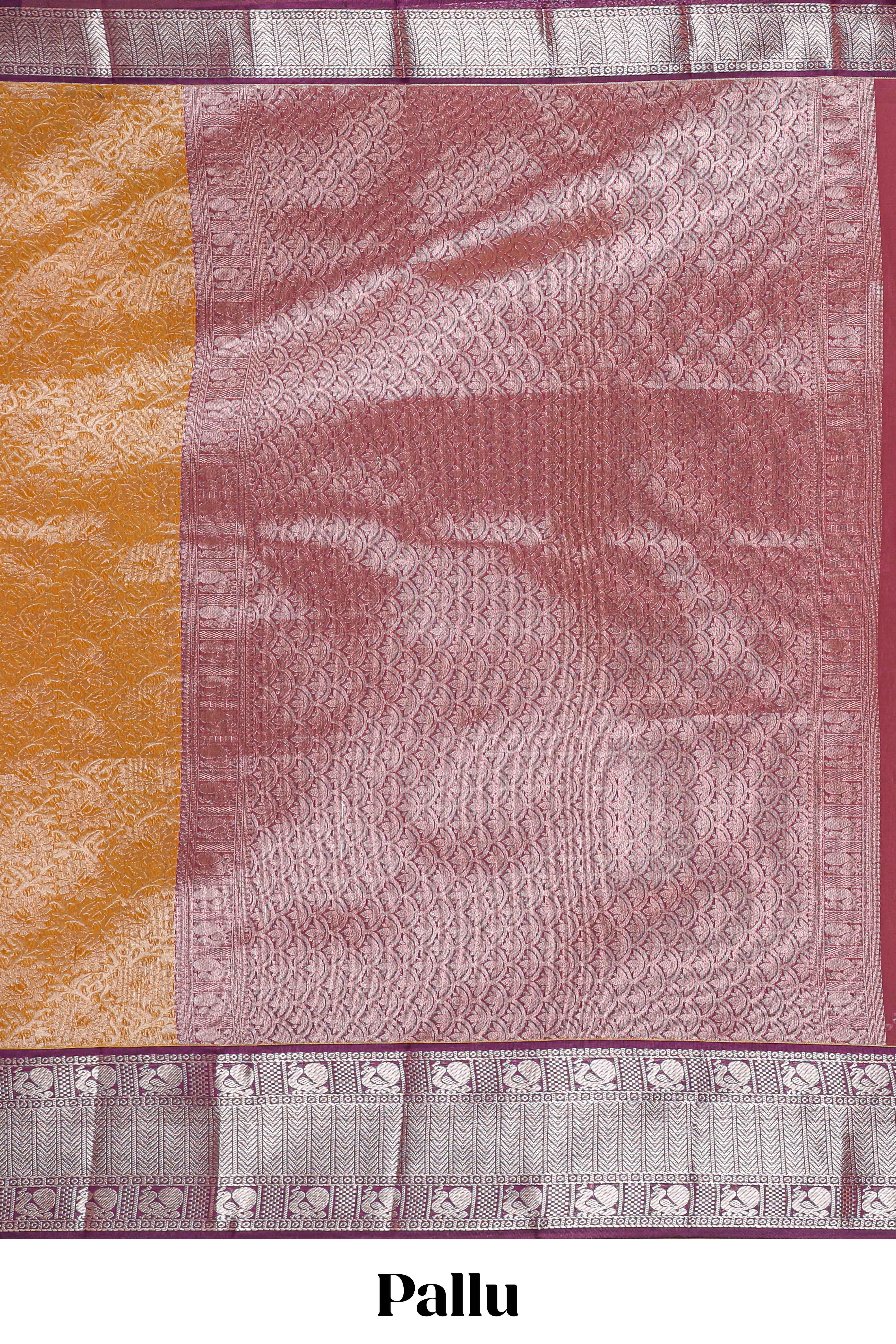 Mustard Gold Tissue Silk Saree with Antique Gold Zari Weaving and Contrast Wine Purple Border along with Contrast Blouse