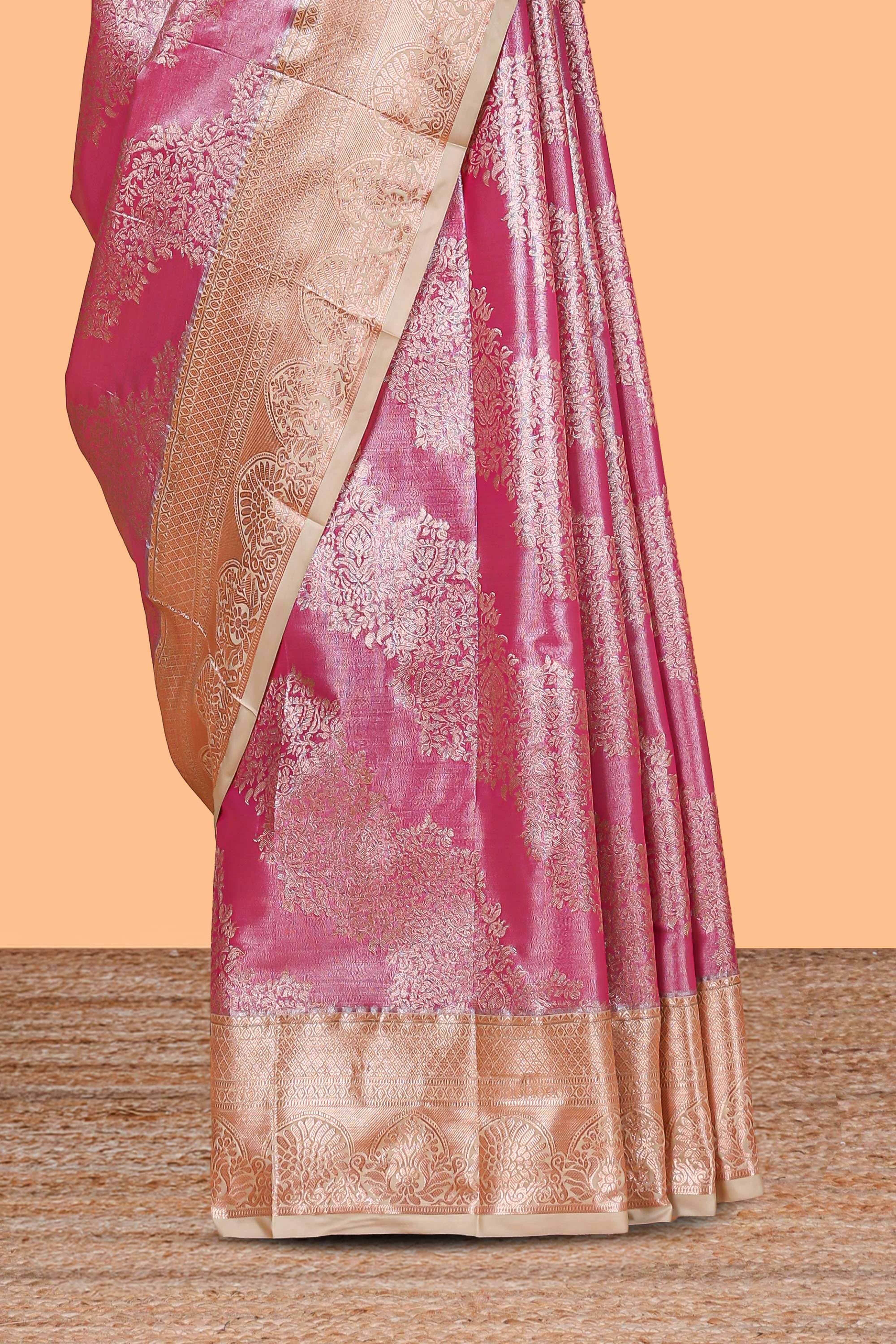 Pink Colour Tissue Silk Saree with Rich Gold Zari Weaving andContrast Border and Contrast Blouse