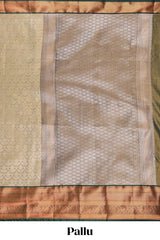 Powder Yellow Tissue Silk Saree with Antique Gold Zari Weaving and Contrast Border along with Contrast Blouse