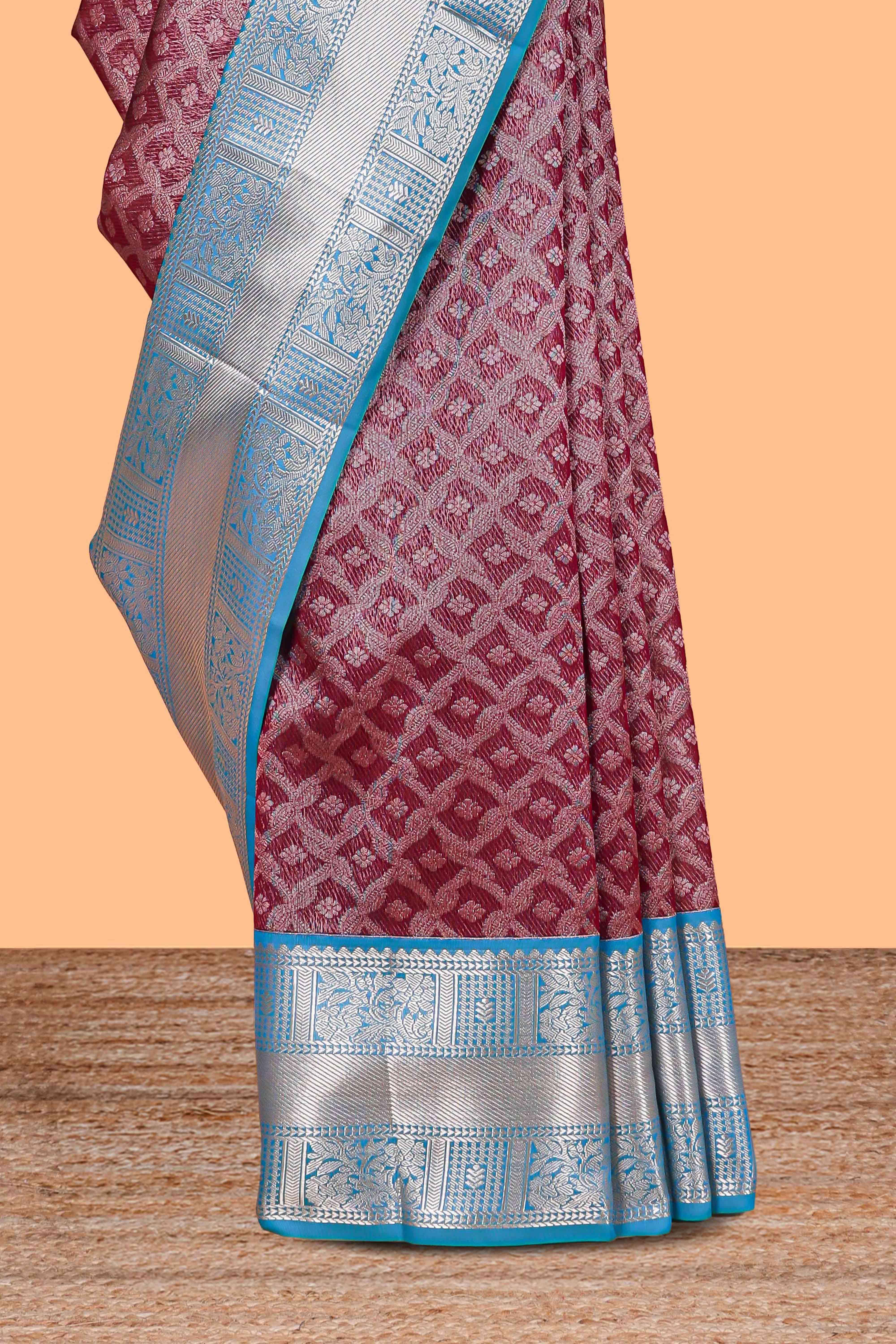Violet Tissue Silk Saree with Silver Zari Weaving and Contrast Border along with Contrast Blouse