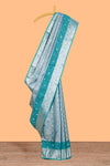 Peacock Teal Blue Tissue Silk Saree with Silver Zari Weaving and Contrast Teal Border along with Matching Blouse