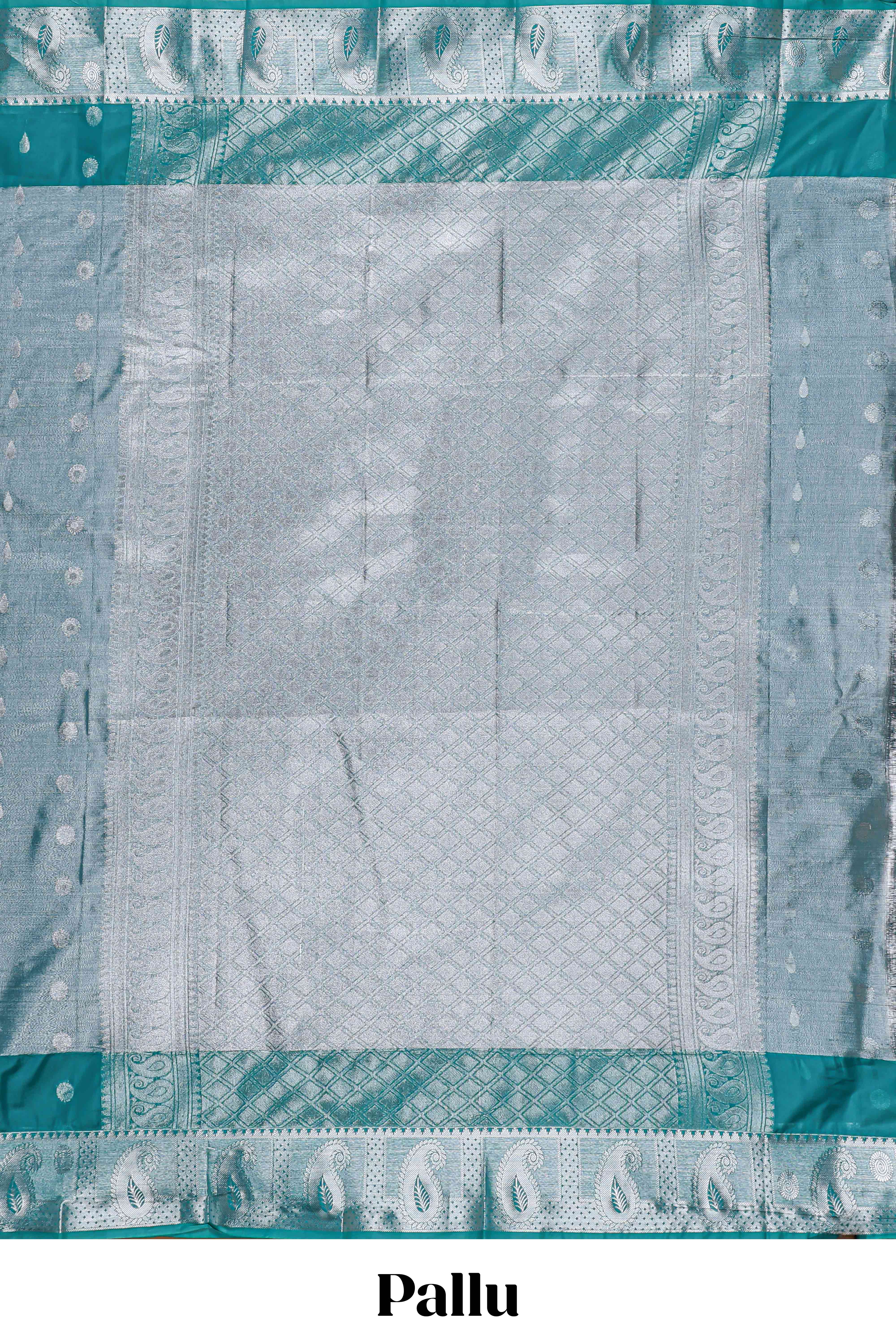 Peacock Teal Blue Tissue Silk Saree with Silver Zari Weaving and Contrast Teal Border along with Matching Blouse