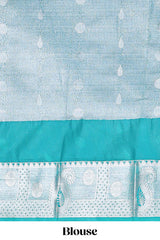 Peacock Teal Blue Tissue Silk Saree with Silver Zari Weaving and Contrast Teal Border along with Matching Blouse