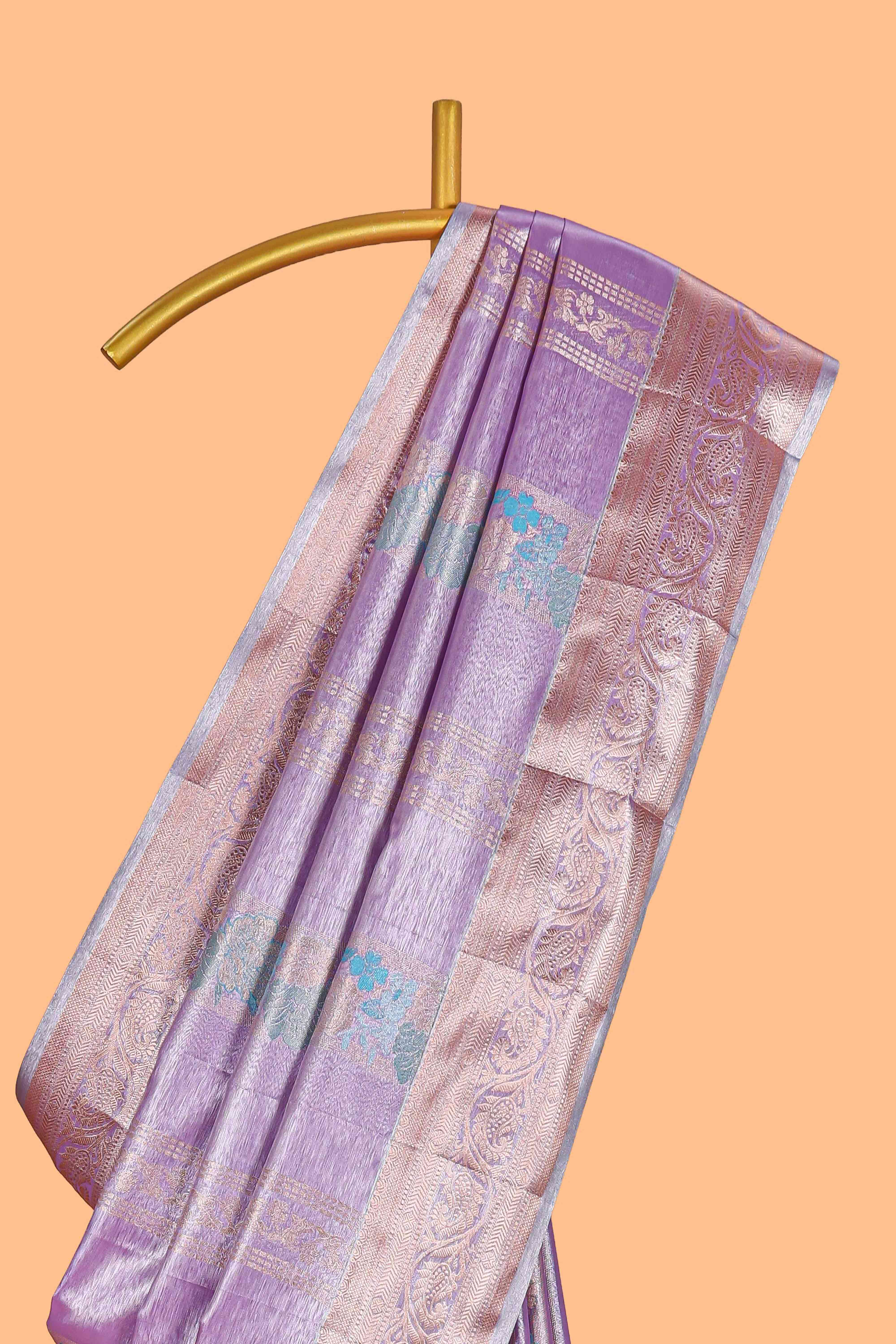 Lavender Tissue Silk Saree with Zari Weaving and PastelFloral Accents along with Matching Blouse
