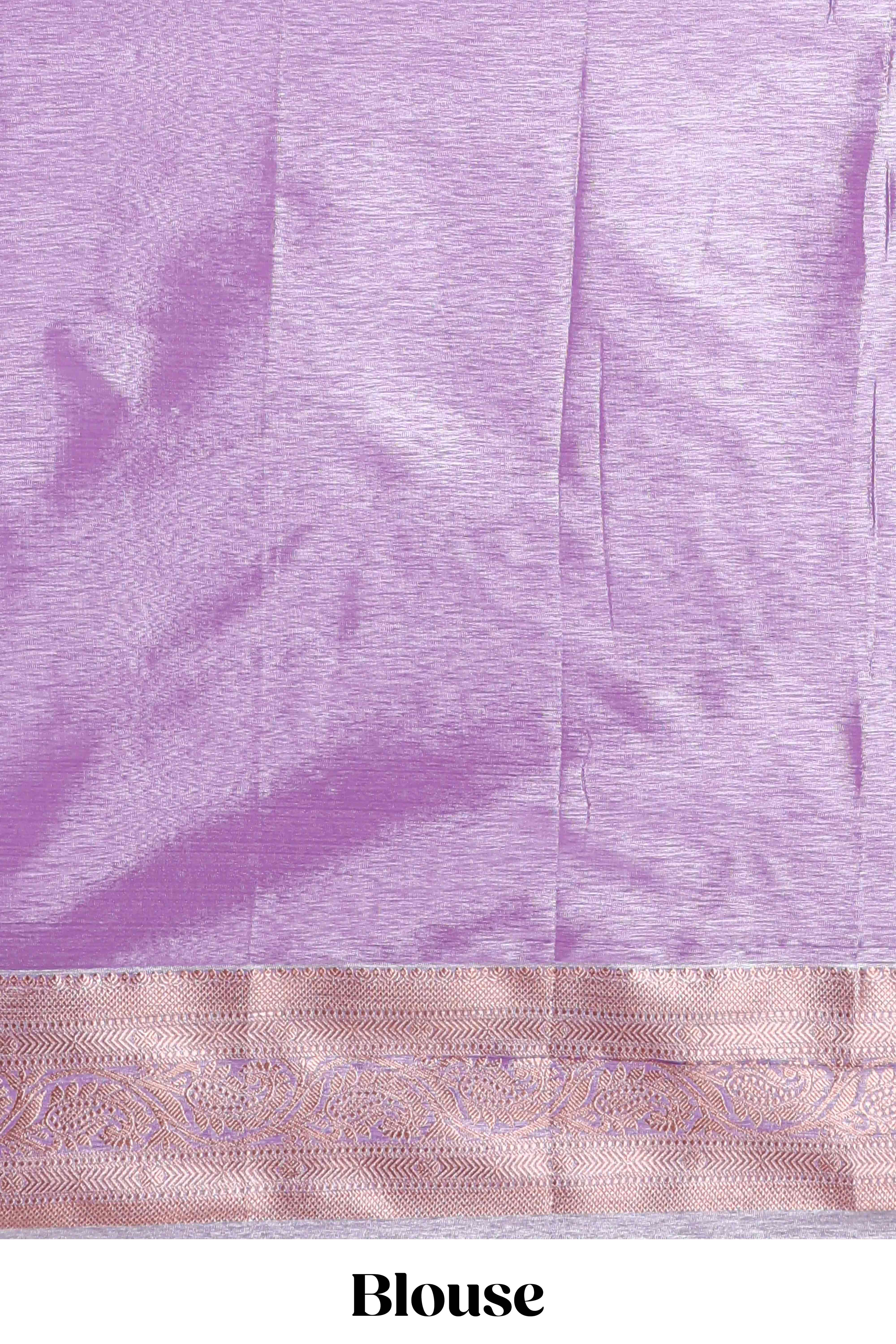 Lavender Tissue Silk Saree with Zari Weaving and PastelFloral Accents along with Matching Blouse