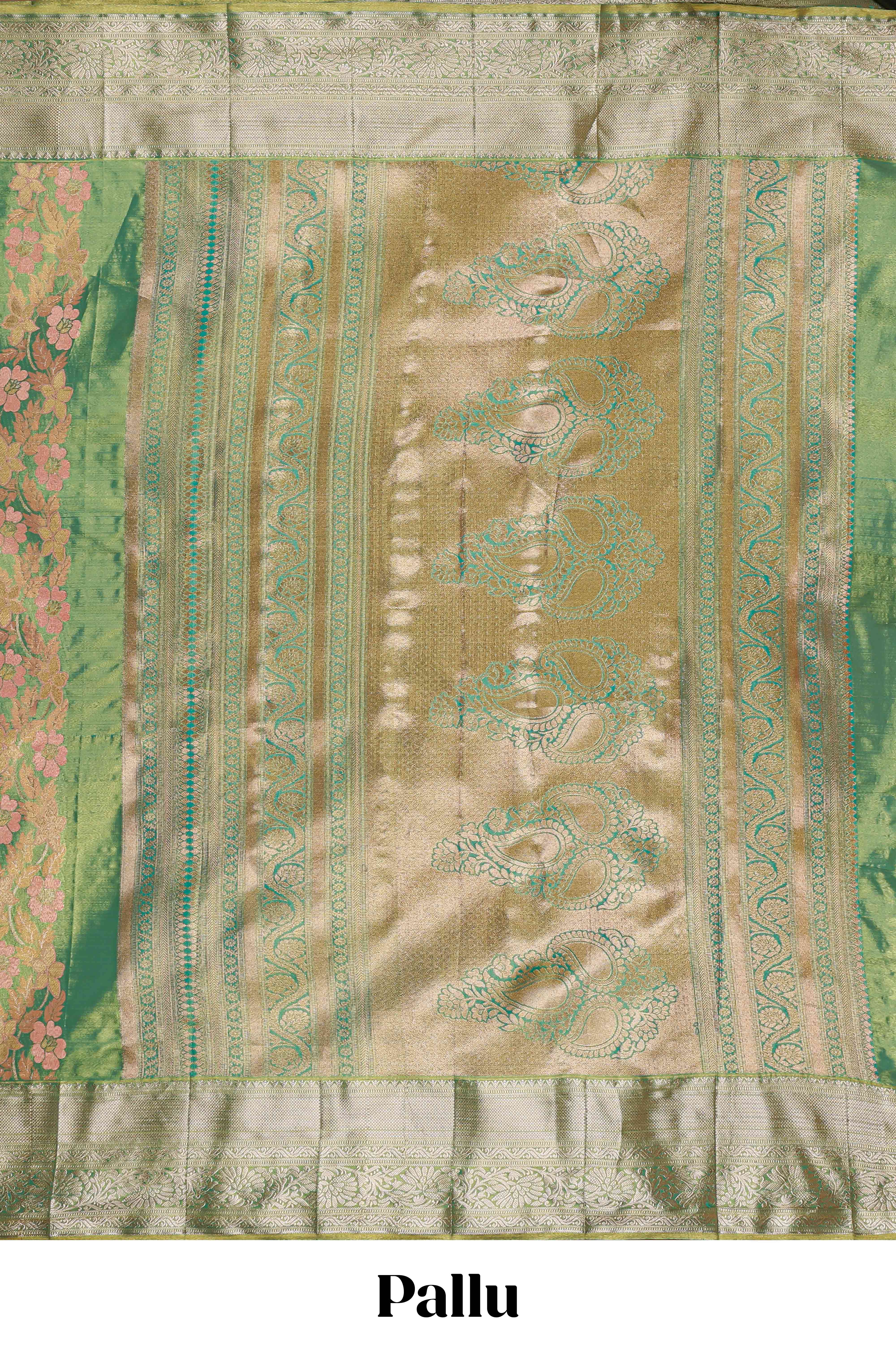 Pastel Green Tissue Silk Saree with Zari Weaving and PastelFloral Accents along with Matching Blouse