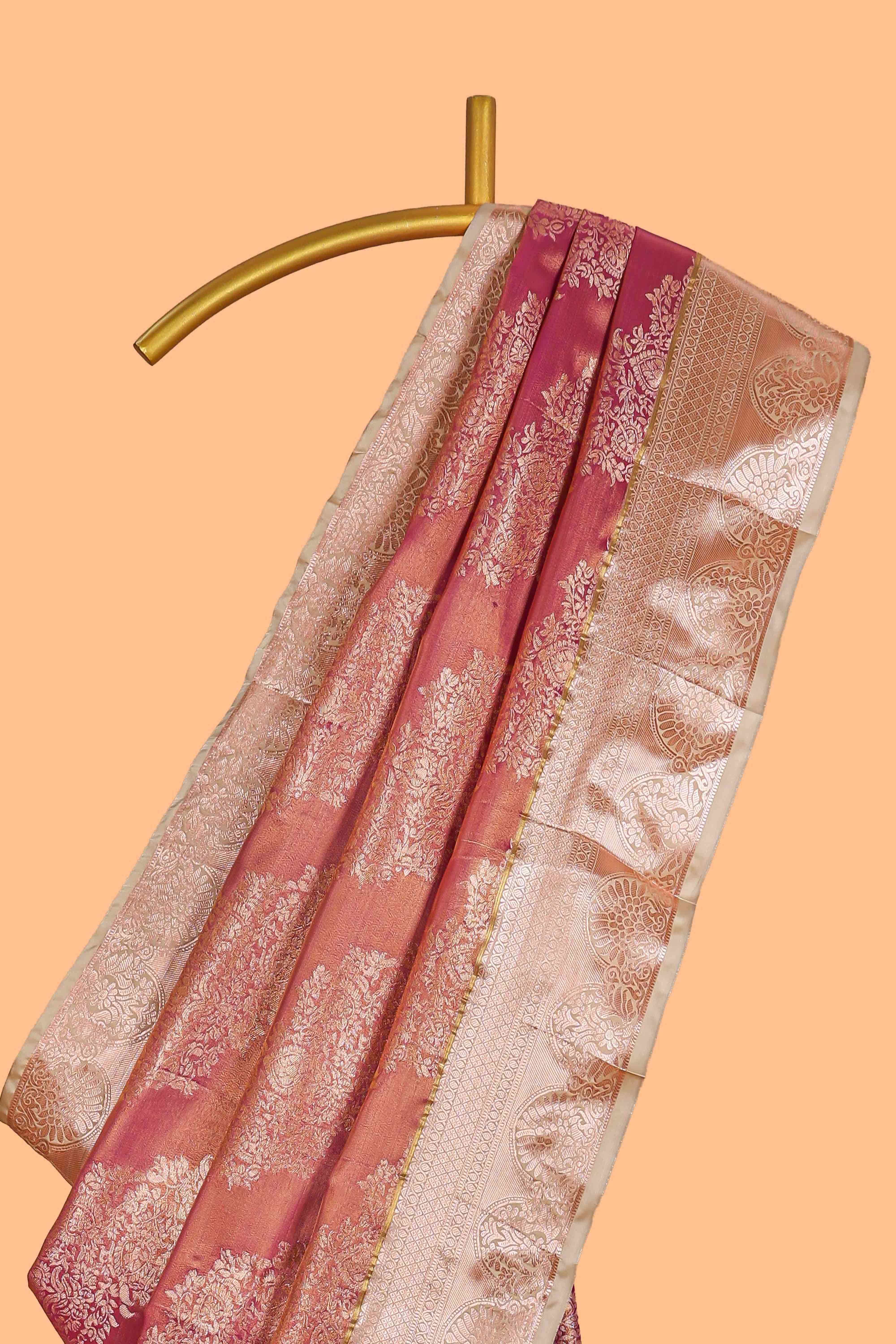Brown Colour Tissue Silk Saree with Rich Gold Zari Weaving andContrast Border and Contrast Blouse