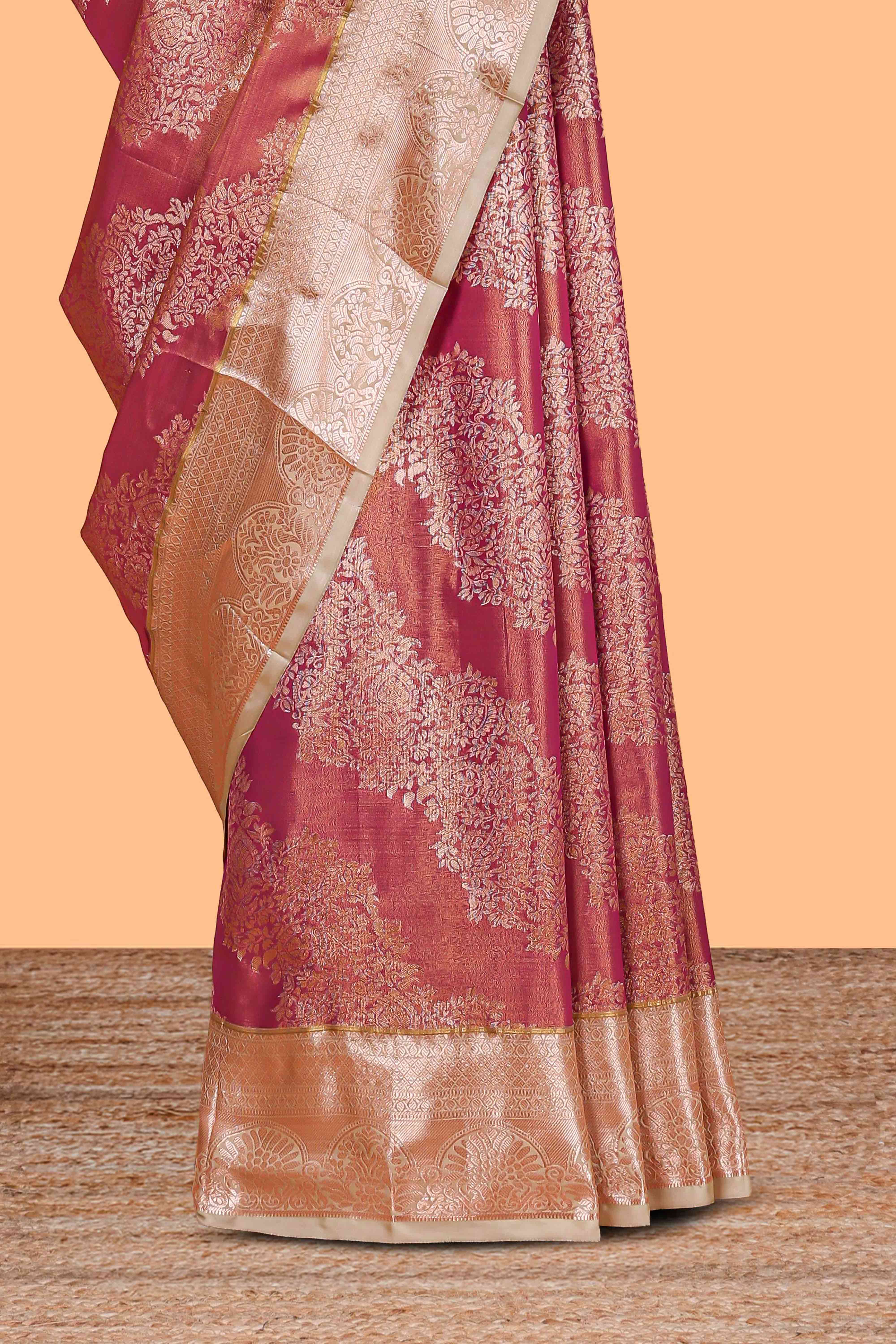 Brown Colour Tissue Silk Saree with Rich Gold Zari Weaving andContrast Border and Contrast Blouse