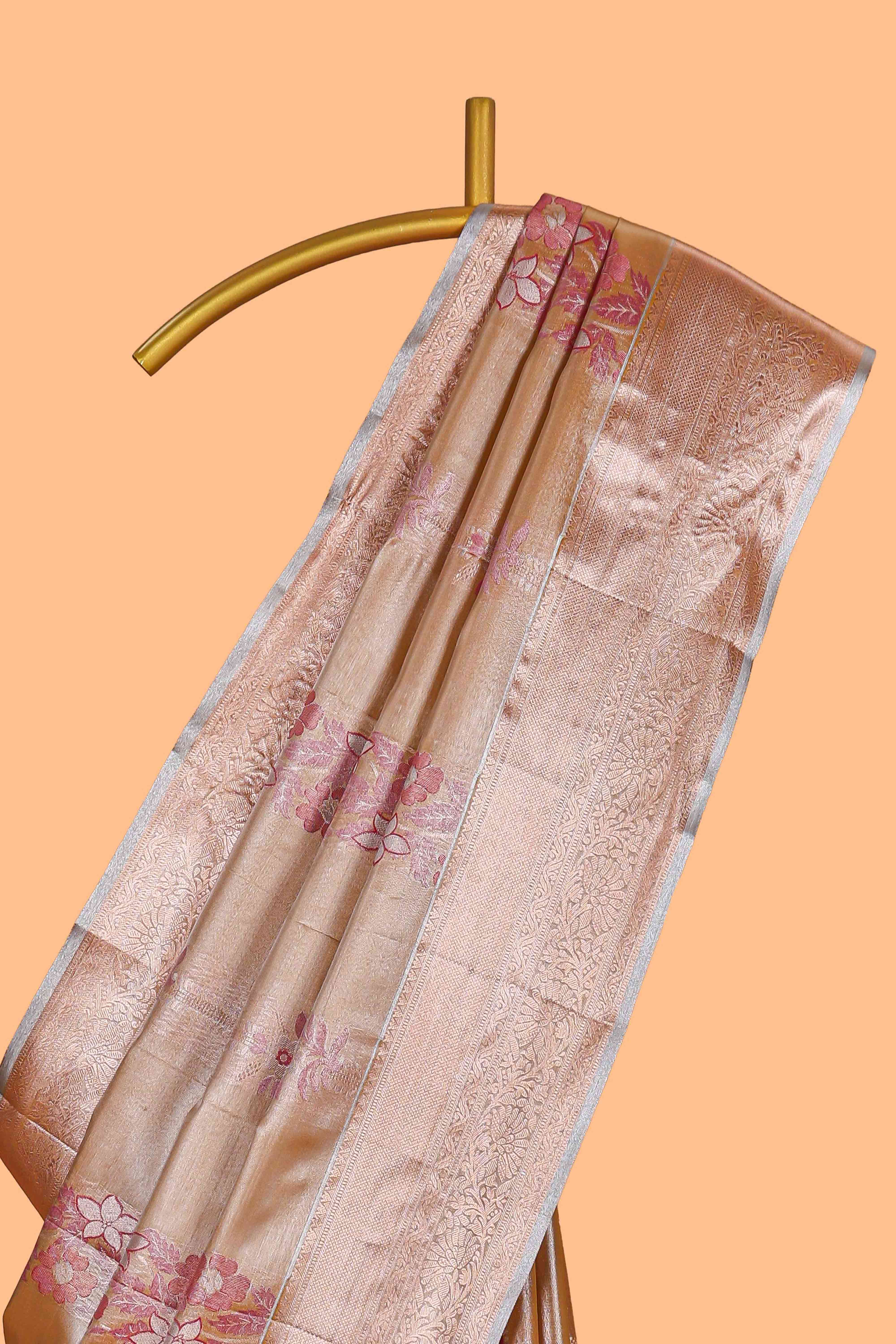 Champagne Gold Tissue Silk Saree with Silver Zari Weaving and Pink Floral Accents along with Matching Blouse