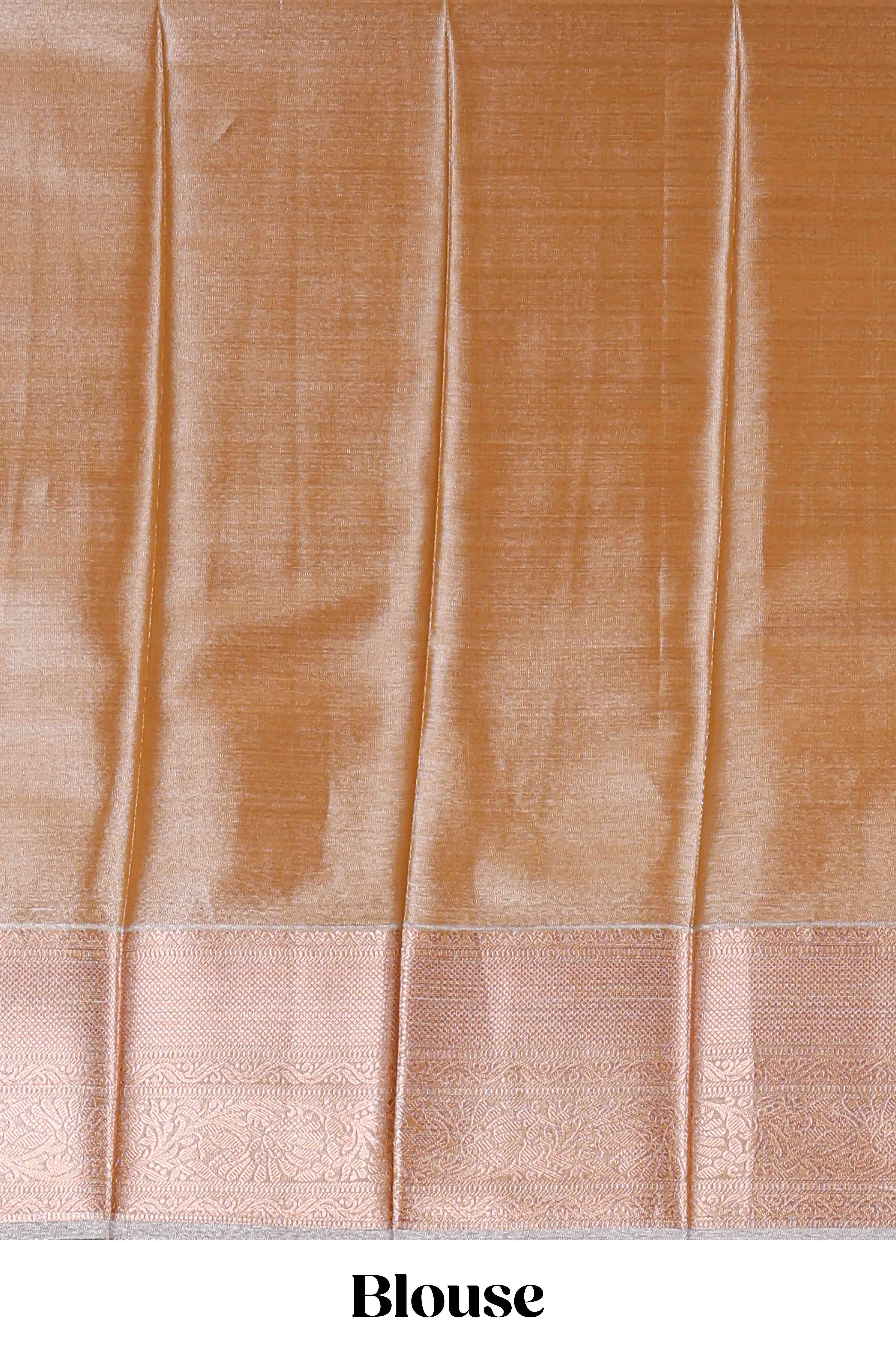 Champagne Gold Tissue Silk Saree with Silver Zari Weaving and Pink Floral Accents along with Matching Blouse