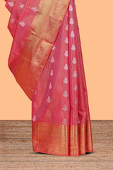 Rani Pink Tissue Silk Saree with Antique Gold Zari Weaving and Traditional Floral Motifs along with Contrast Blouse
