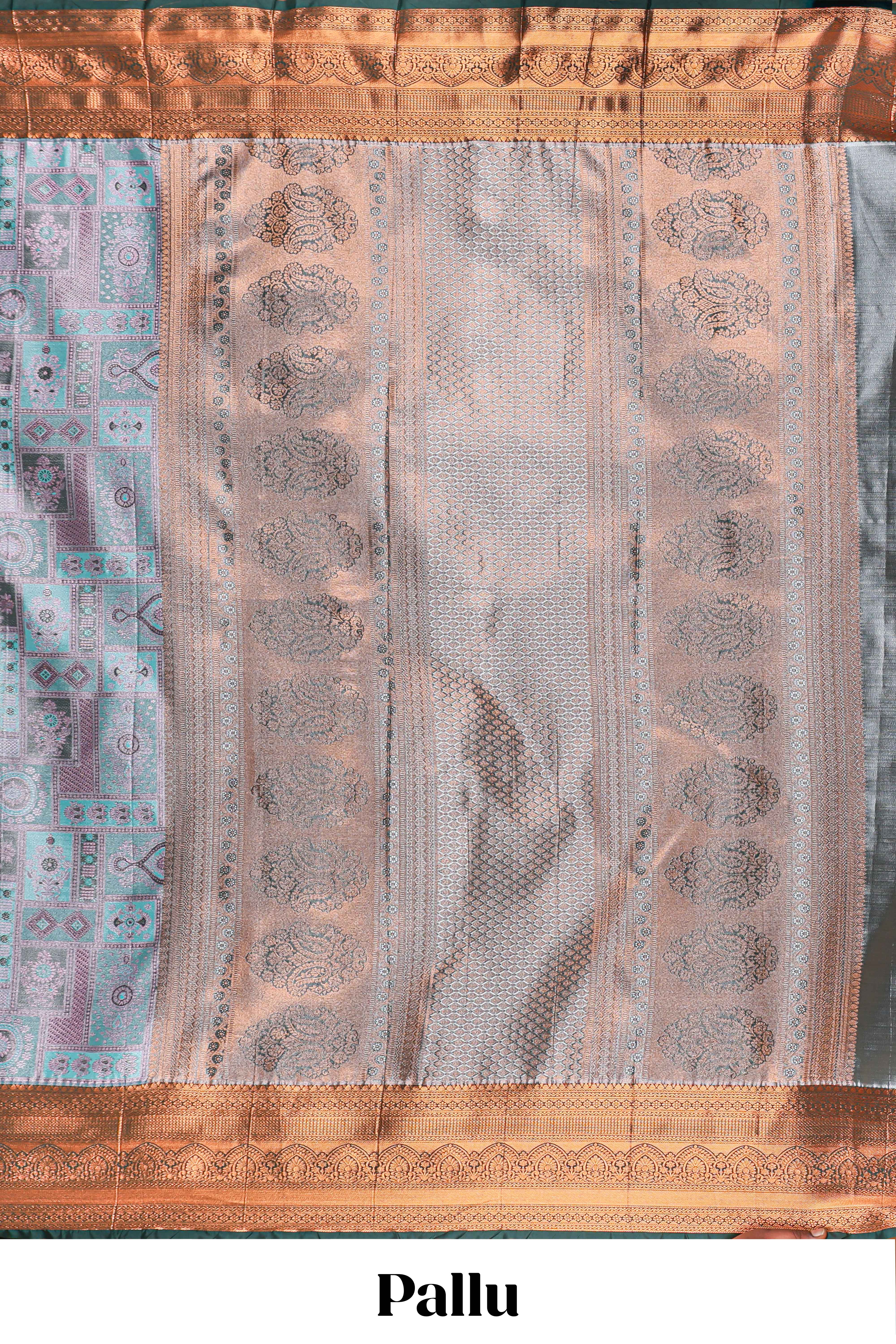 Pastel Aqua Blue Tissue Silk Saree with Antique Gold Zari Weaving and Contrast Dark Green Border along with Matching Blouse